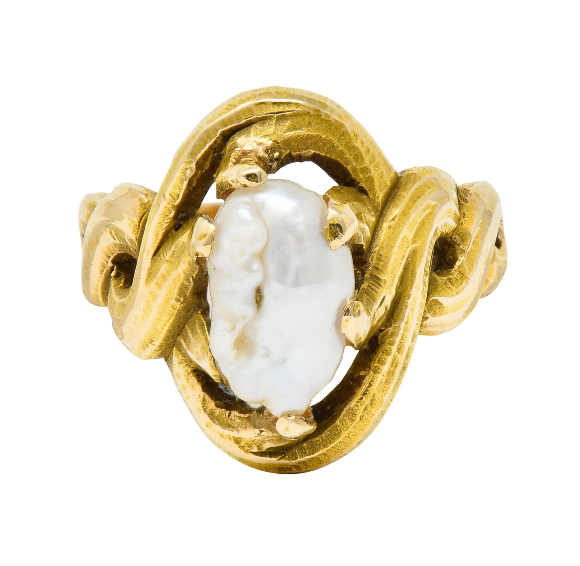 Art Nouveau Baroque Pearl 14 Karat Gold Whiplash Ring