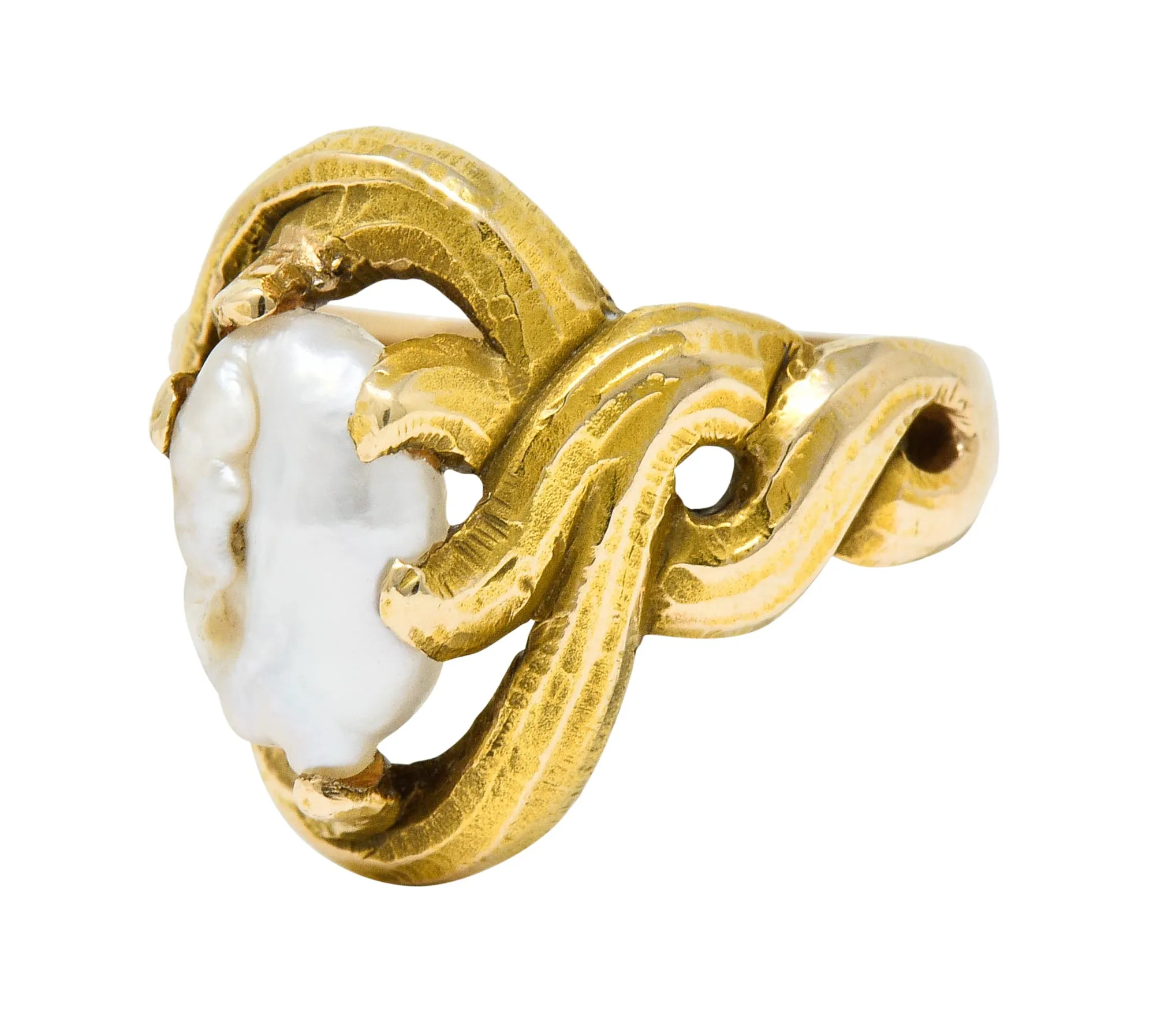 Art Nouveau Baroque Pearl 14 Karat Gold Whiplash Ring