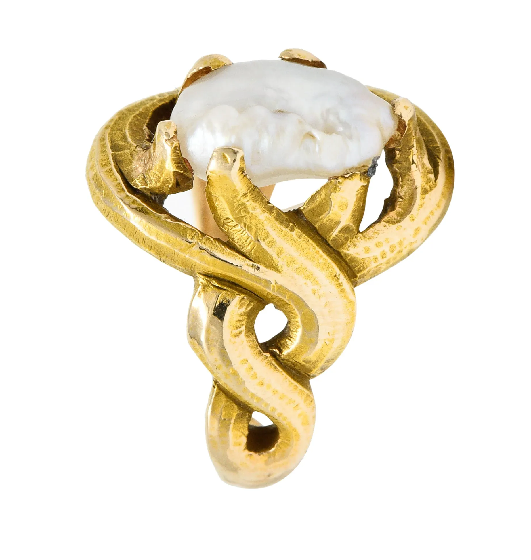 Art Nouveau Baroque Pearl 14 Karat Gold Whiplash Ring