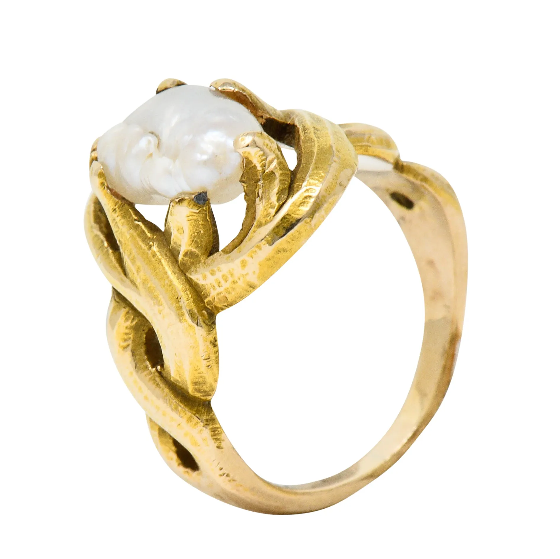 Art Nouveau Baroque Pearl 14 Karat Gold Whiplash Ring