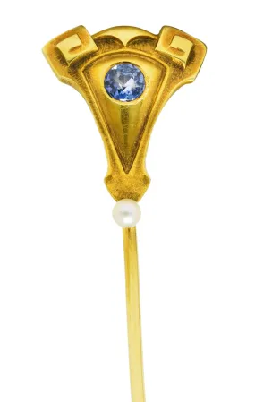 Art Nouveau Hagerstrom & Son Sapphire Pearl 14 Karat Yellow Gold Greek Shield Stickpin