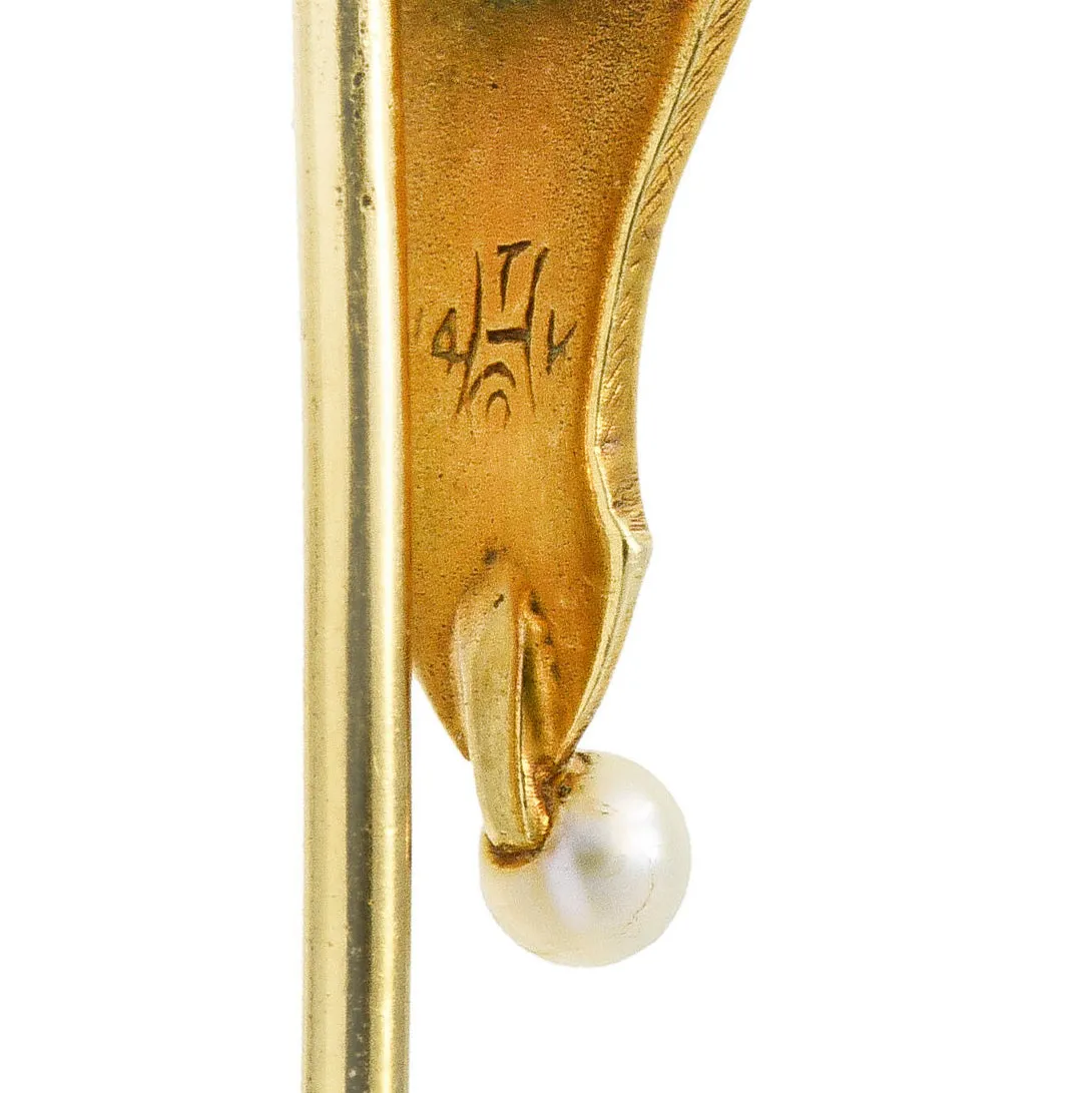 Art Nouveau Hagerstrom & Son Sapphire Pearl 14 Karat Yellow Gold Greek Shield Stickpin