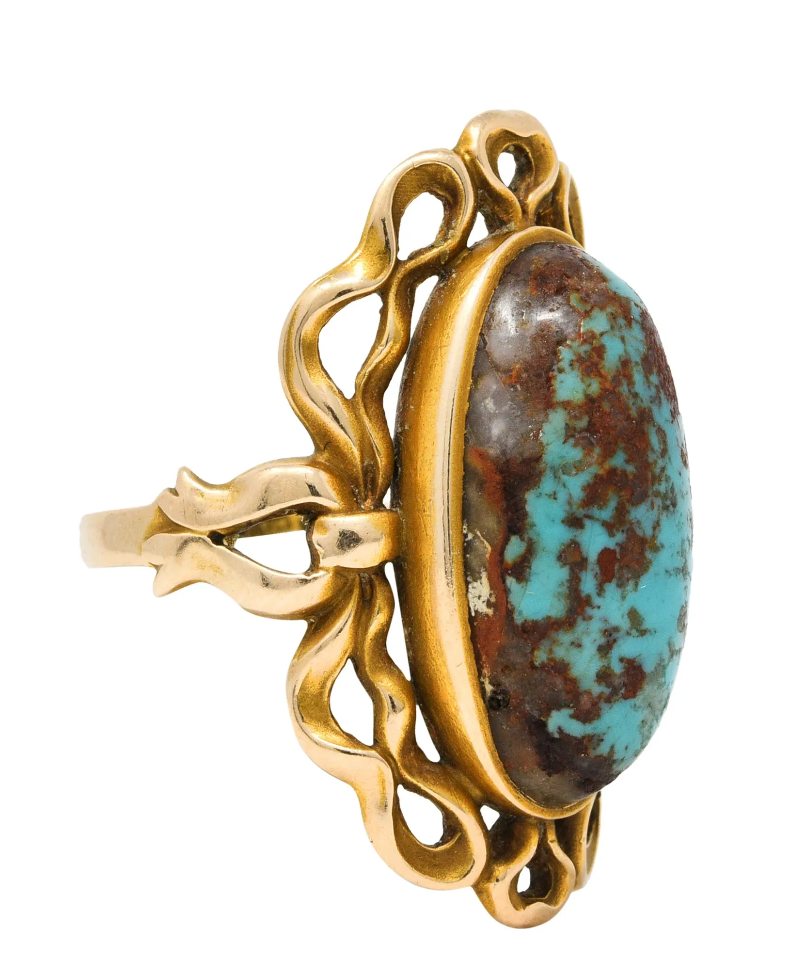 Art Nouveau Turquoise 14 Karat Yellow Gold Cabochon Ring