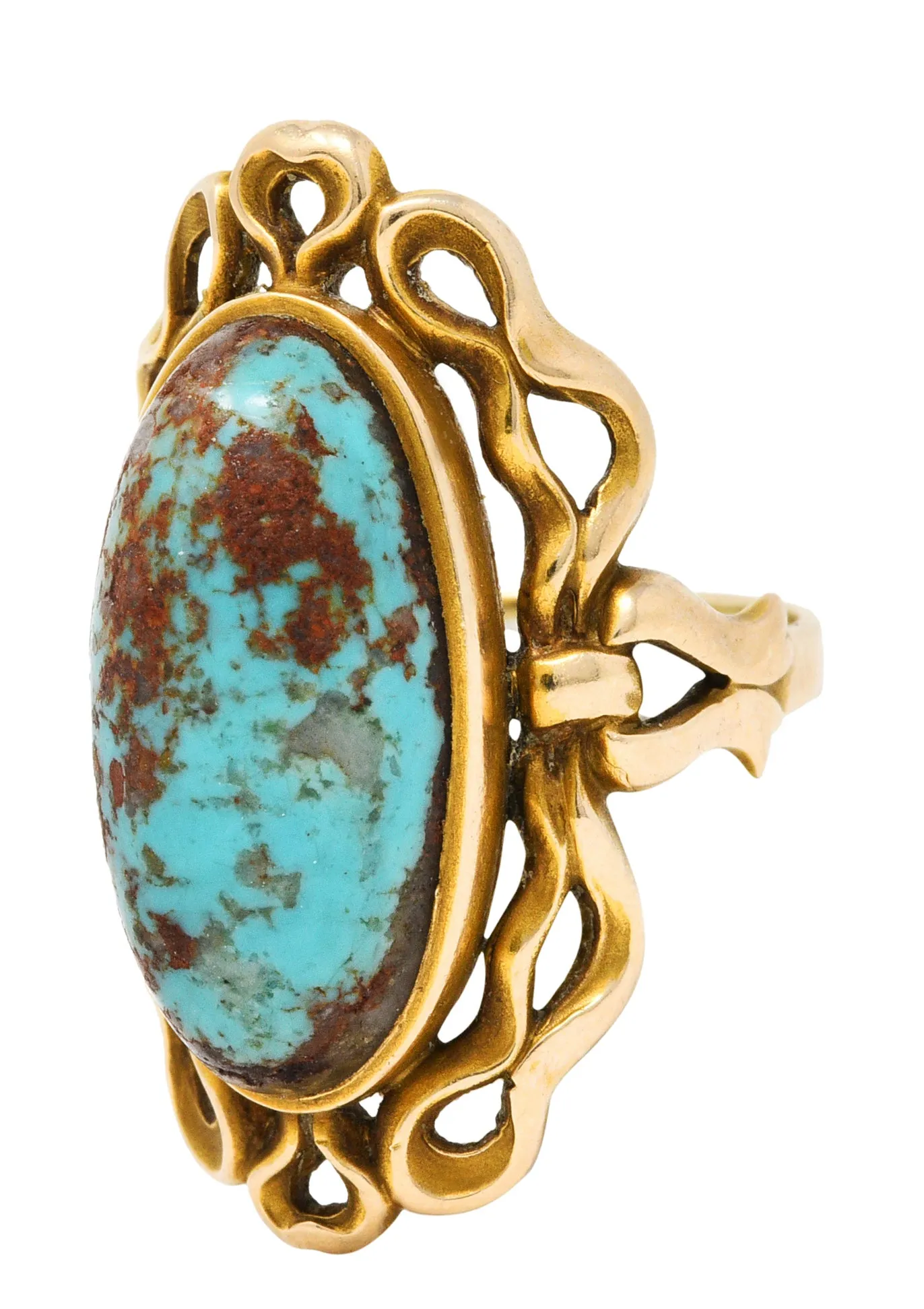 Art Nouveau Turquoise 14 Karat Yellow Gold Cabochon Ring