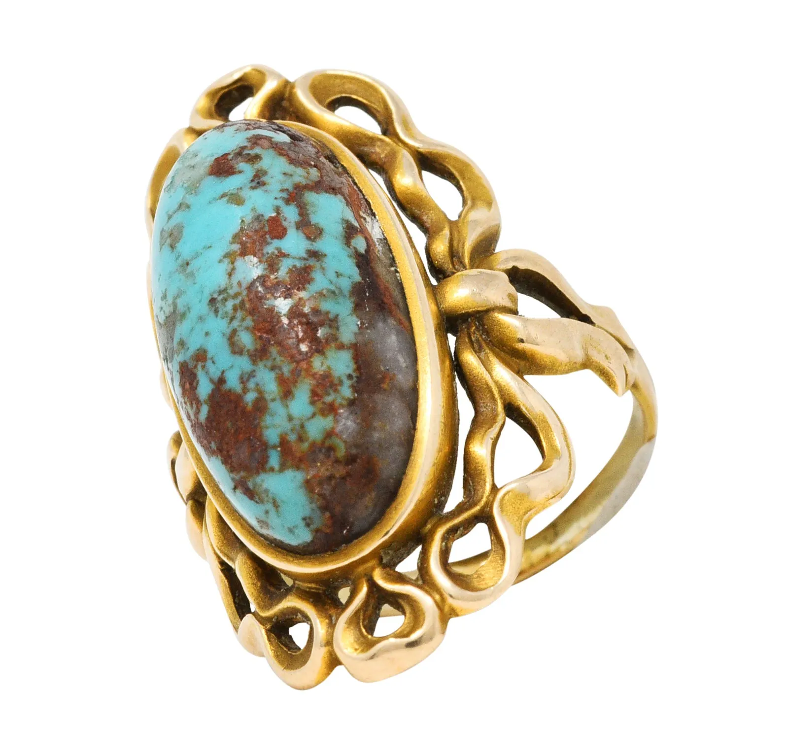 Art Nouveau Turquoise 14 Karat Yellow Gold Cabochon Ring