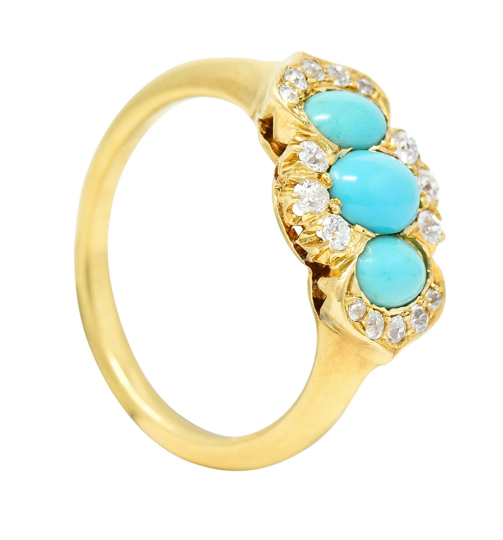 Art Nouveau Turquoise Cabochon Old Mine Cut Diamond 18 Karat Yellow Gold Antique Cluster Jones & Woodland Co. Ring