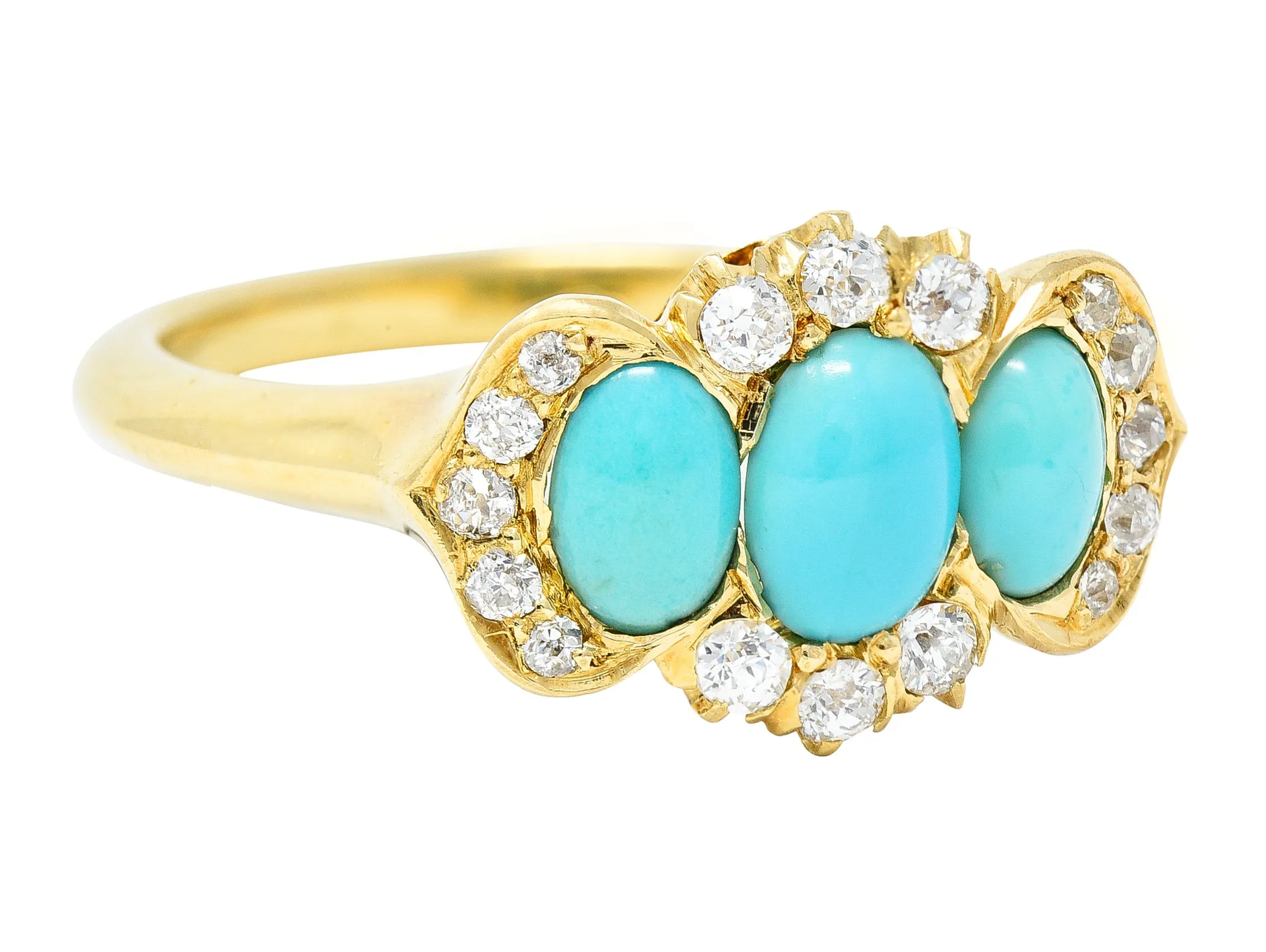 Art Nouveau Turquoise Cabochon Old Mine Cut Diamond 18 Karat Yellow Gold Antique Cluster Jones & Woodland Co. Ring