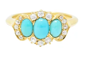 Art Nouveau Turquoise Cabochon Old Mine Cut Diamond 18 Karat Yellow Gold Antique Cluster Jones & Woodland Co. Ring