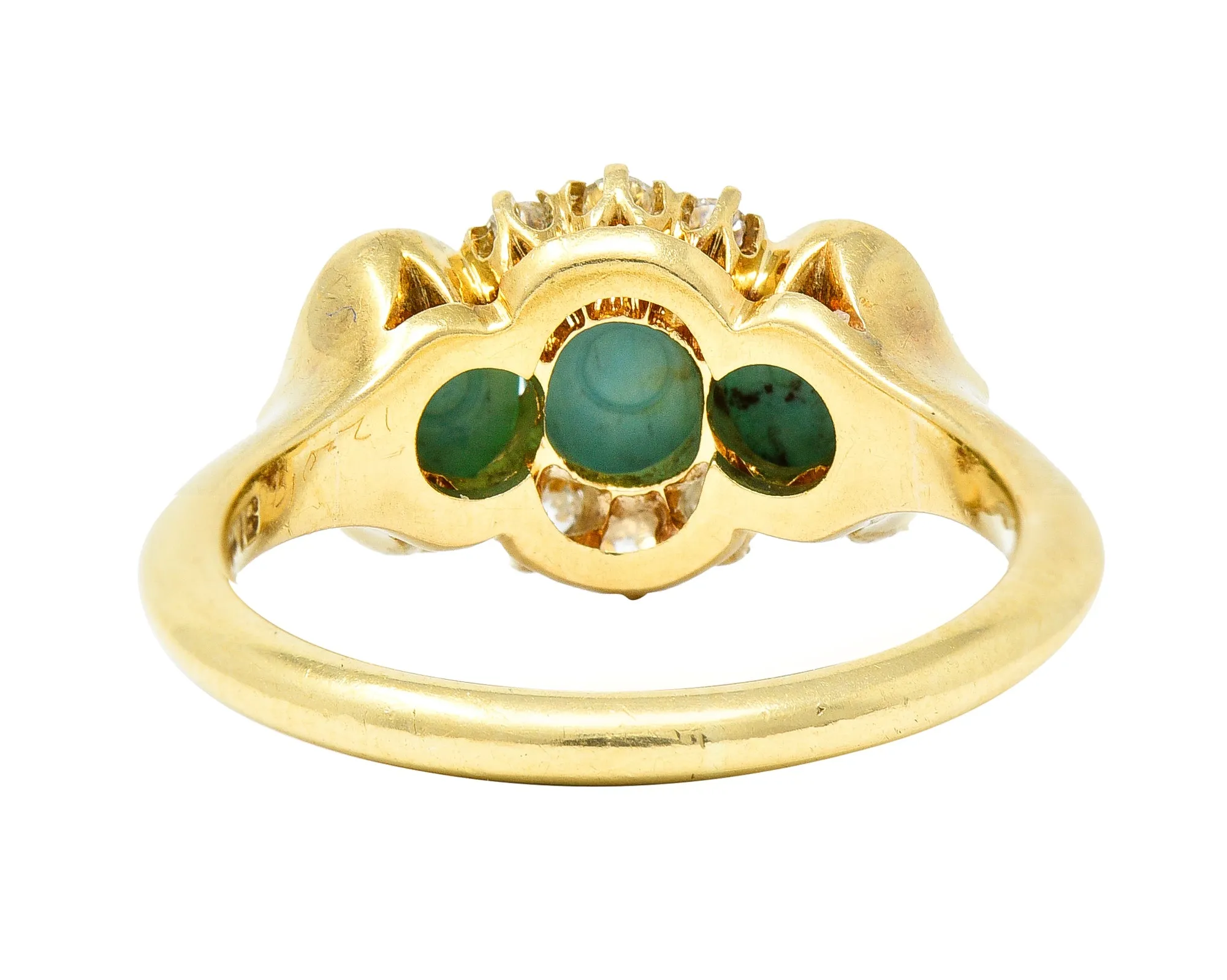 Art Nouveau Turquoise Cabochon Old Mine Cut Diamond 18 Karat Yellow Gold Antique Cluster Jones & Woodland Co. Ring