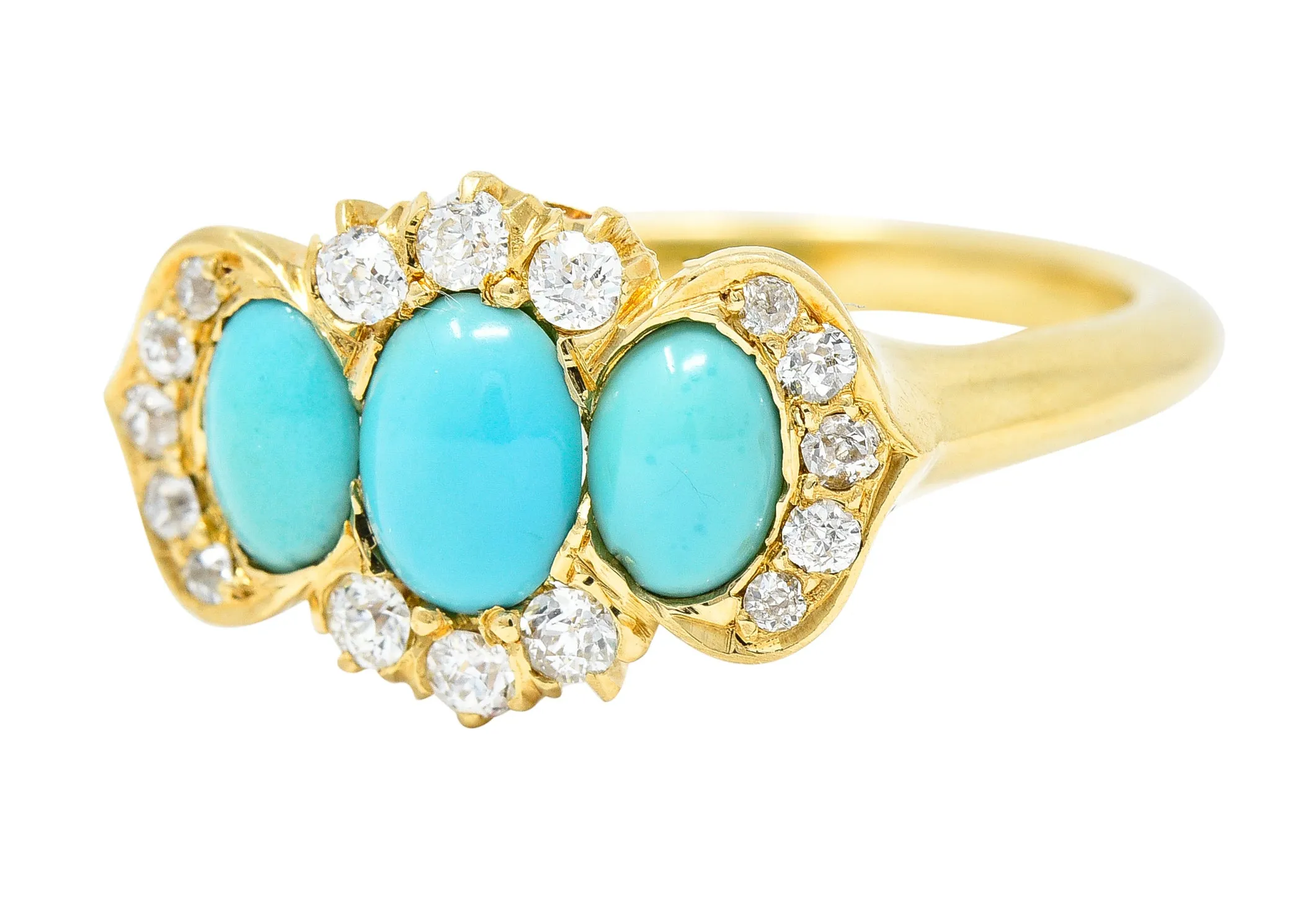 Art Nouveau Turquoise Cabochon Old Mine Cut Diamond 18 Karat Yellow Gold Antique Cluster Jones & Woodland Co. Ring