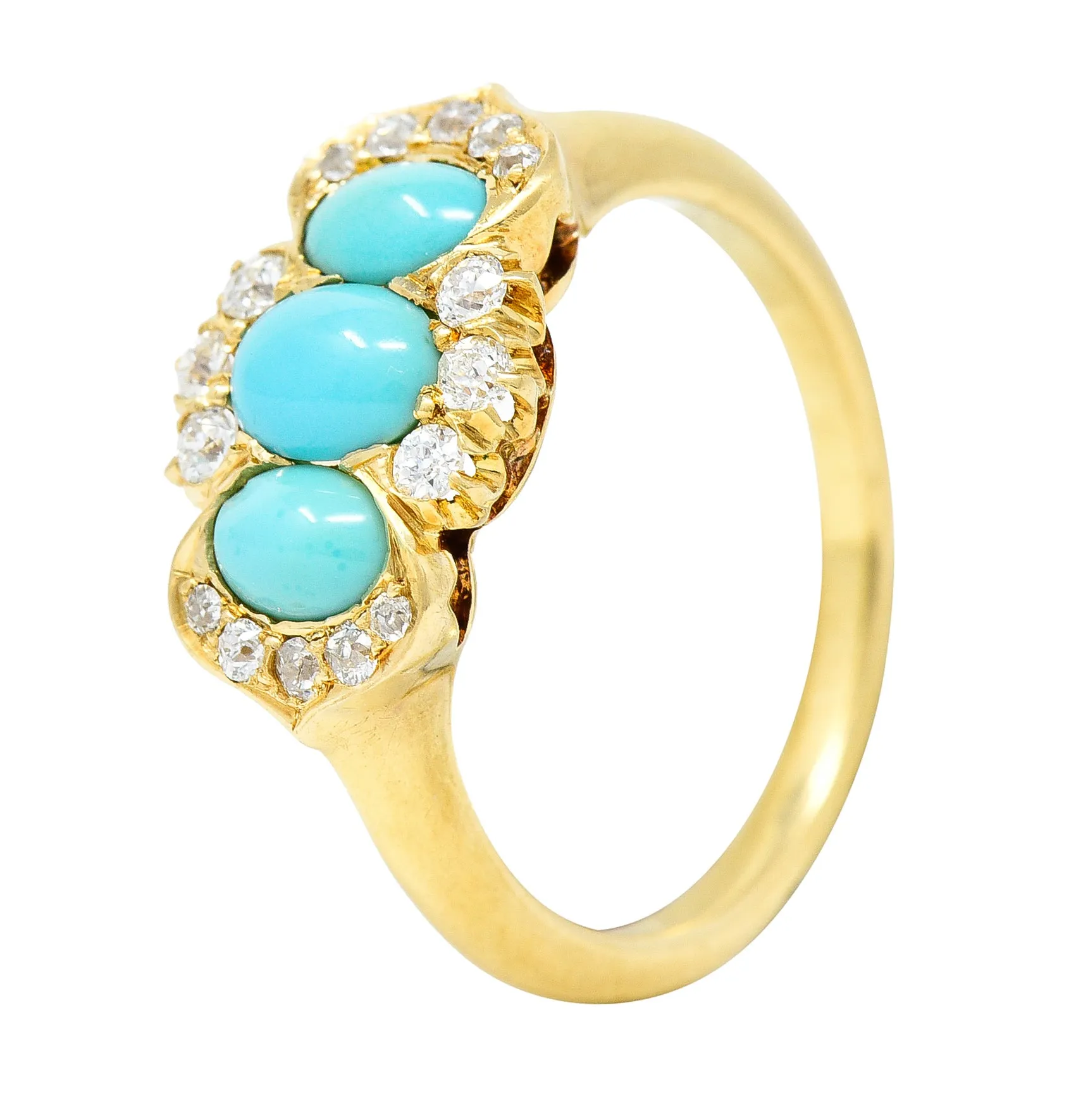 Art Nouveau Turquoise Cabochon Old Mine Cut Diamond 18 Karat Yellow Gold Antique Cluster Jones & Woodland Co. Ring