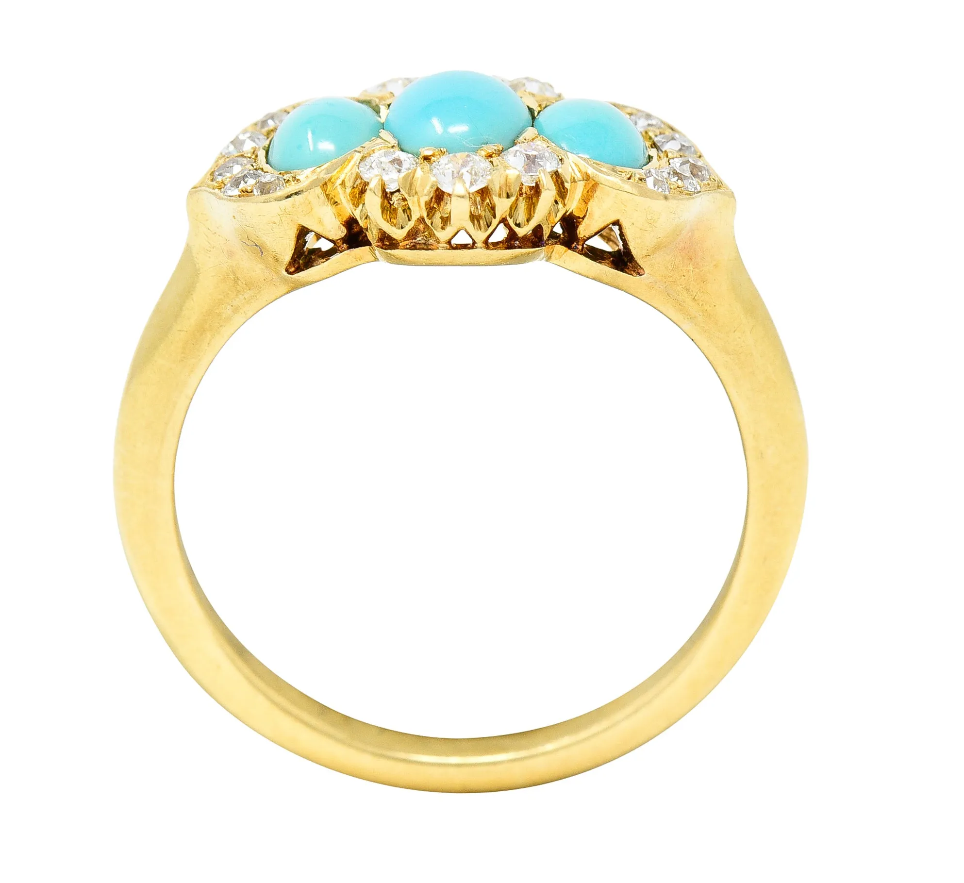 Art Nouveau Turquoise Cabochon Old Mine Cut Diamond 18 Karat Yellow Gold Antique Cluster Jones & Woodland Co. Ring