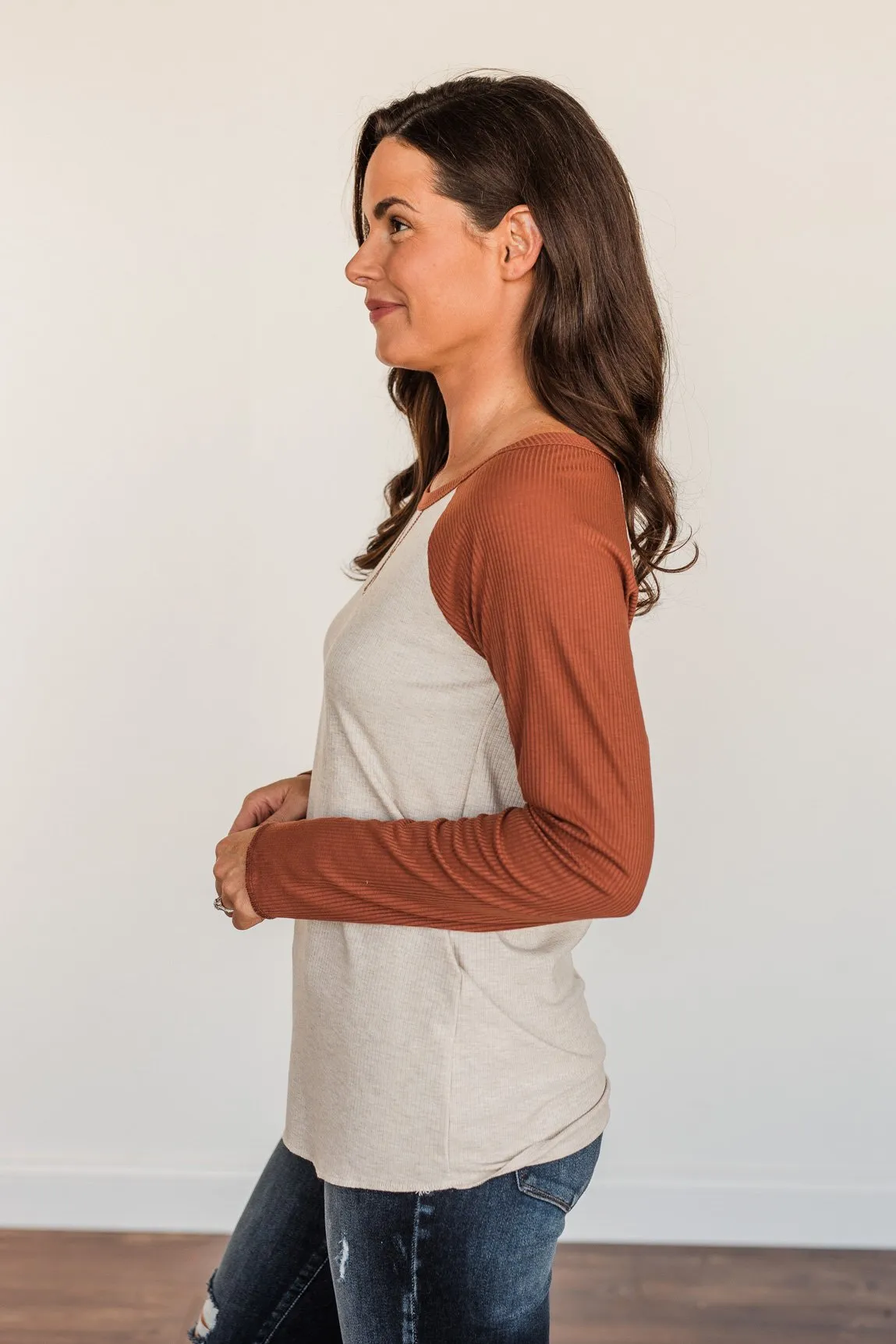 Autumn's Blessings Long Sleeve Raglan Top- Grey & Deep Clay