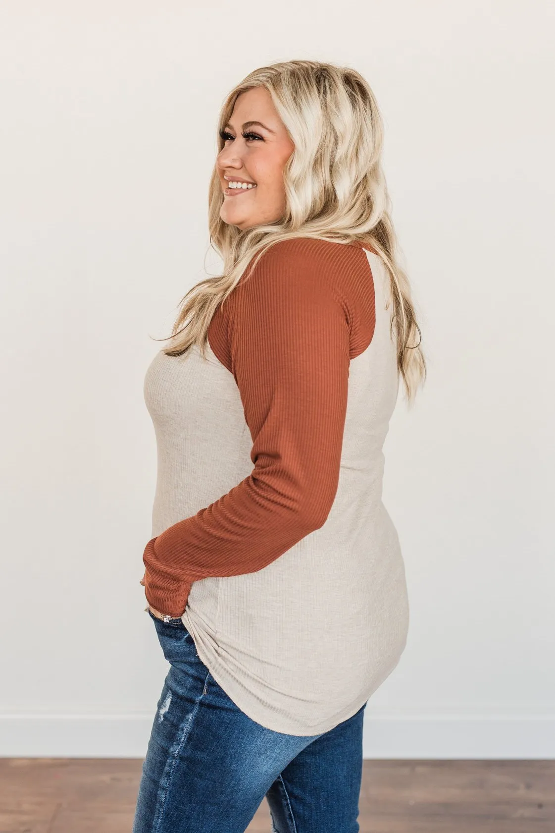 Autumn's Blessings Long Sleeve Raglan Top- Grey & Deep Clay