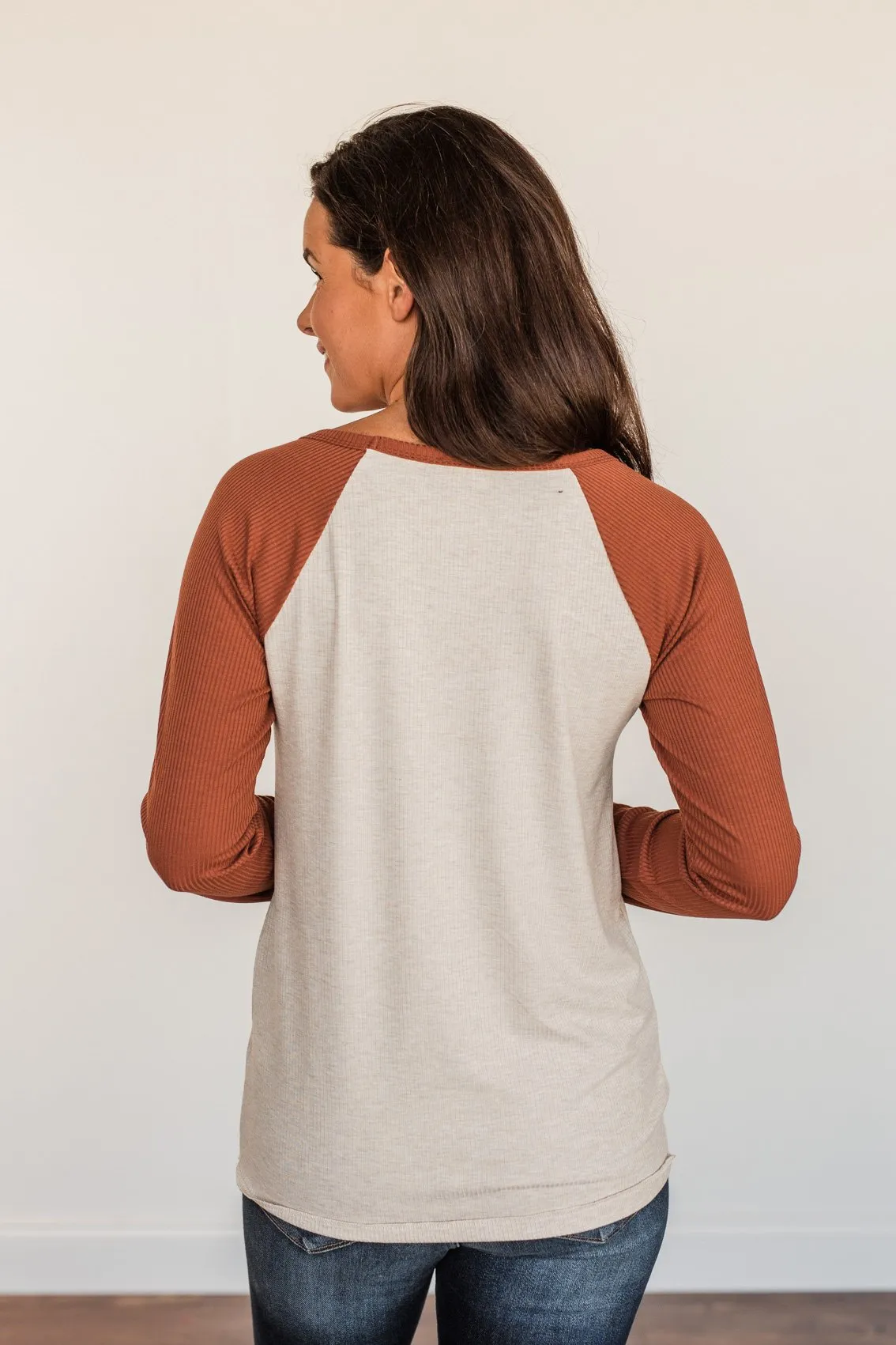 Autumn's Blessings Long Sleeve Raglan Top- Grey & Deep Clay