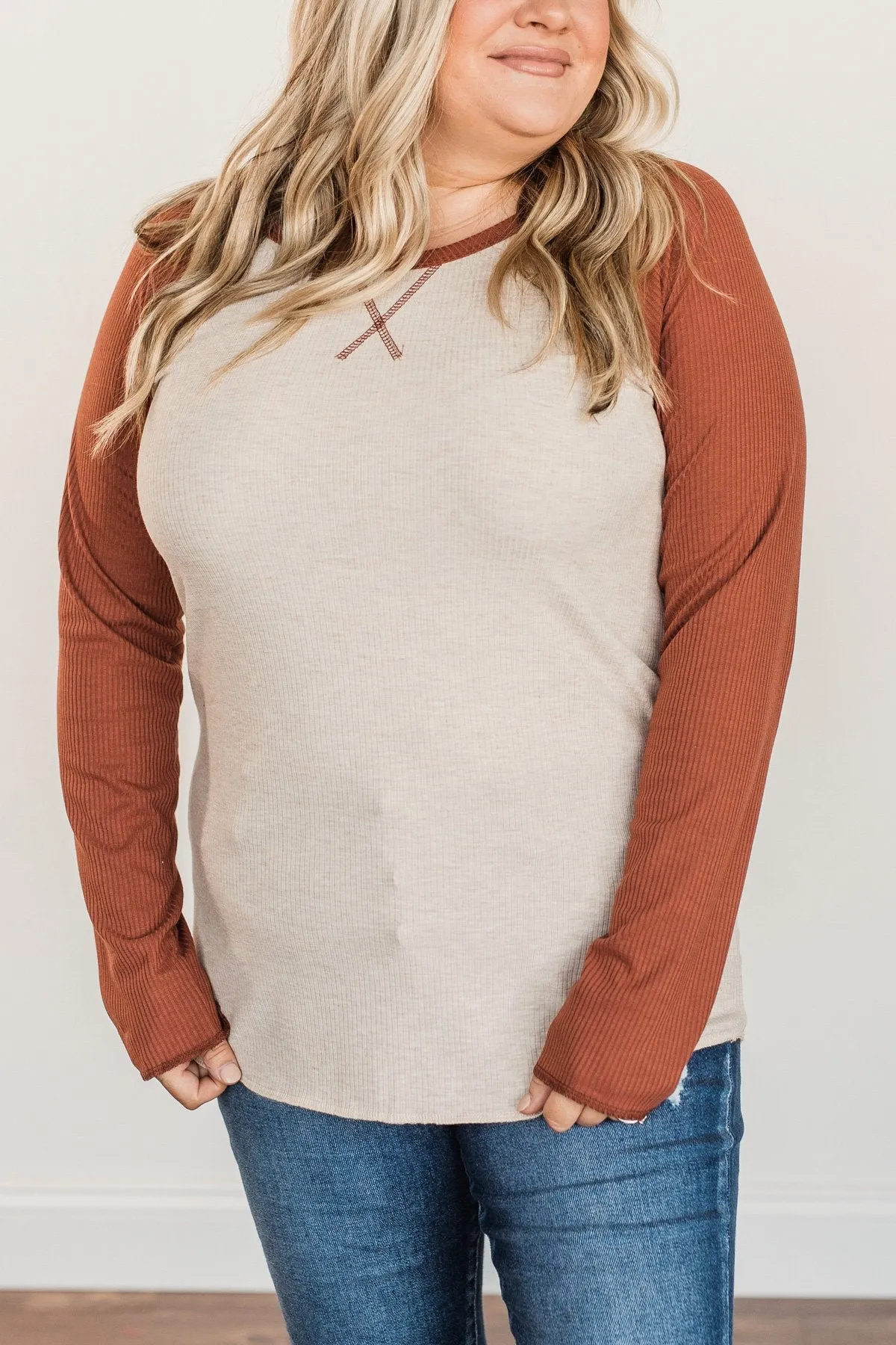 Autumn's Blessings Long Sleeve Raglan Top- Grey & Deep Clay