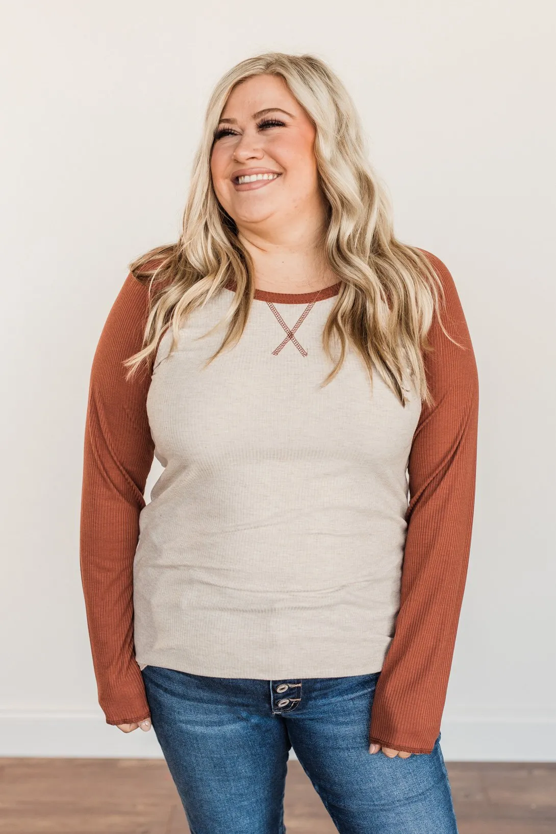 Autumn's Blessings Long Sleeve Raglan Top- Grey & Deep Clay