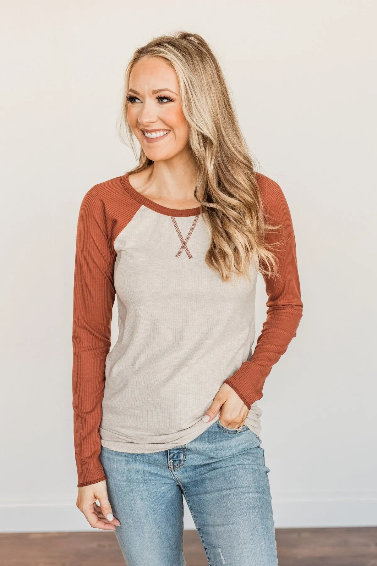 Autumn's Blessings Long Sleeve Raglan Top- Grey & Deep Clay