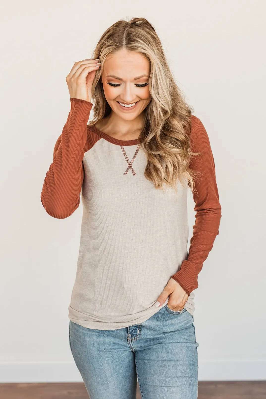 Autumn's Blessings Long Sleeve Raglan Top- Grey & Deep Clay