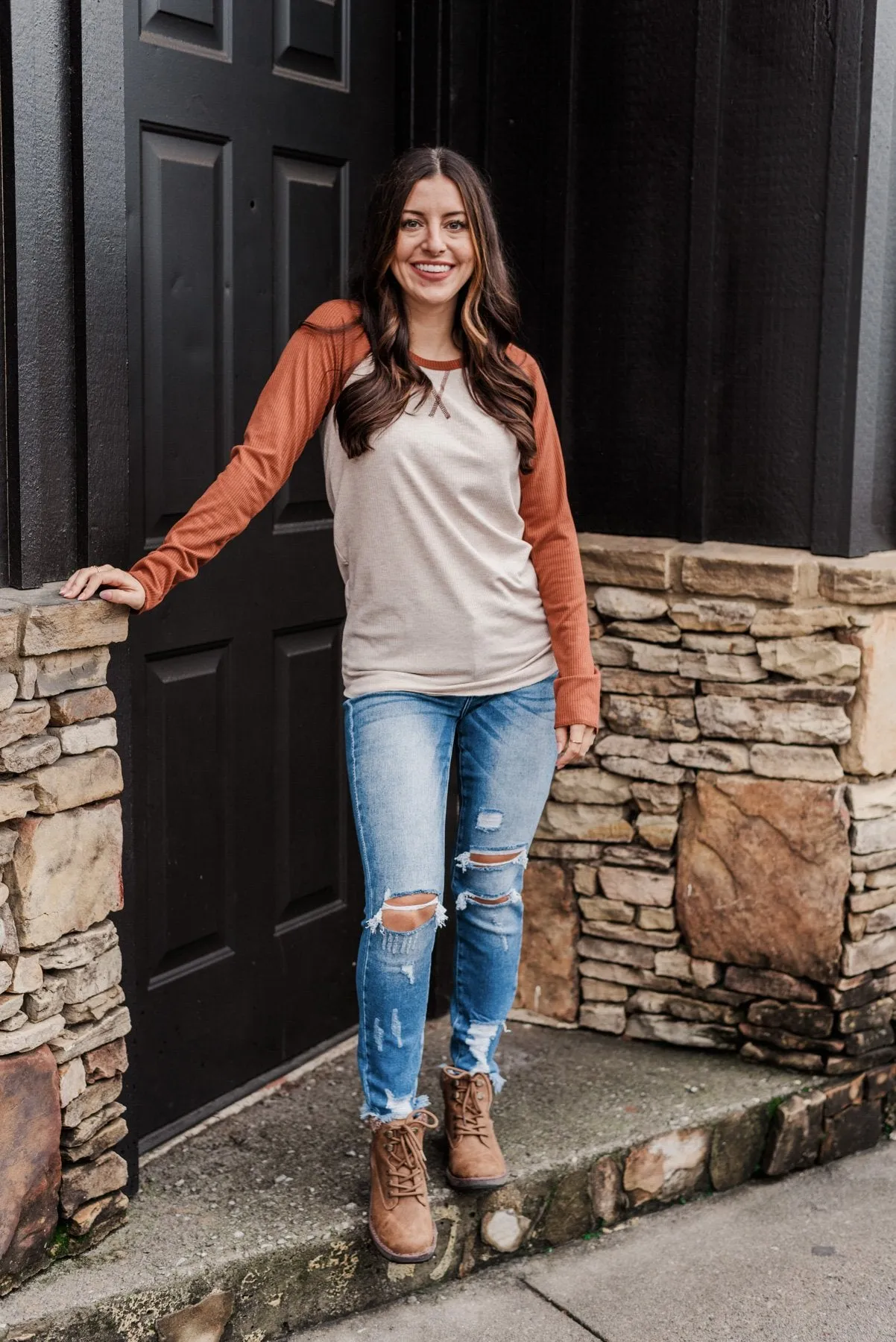 Autumn's Blessings Long Sleeve Raglan Top- Grey & Deep Clay