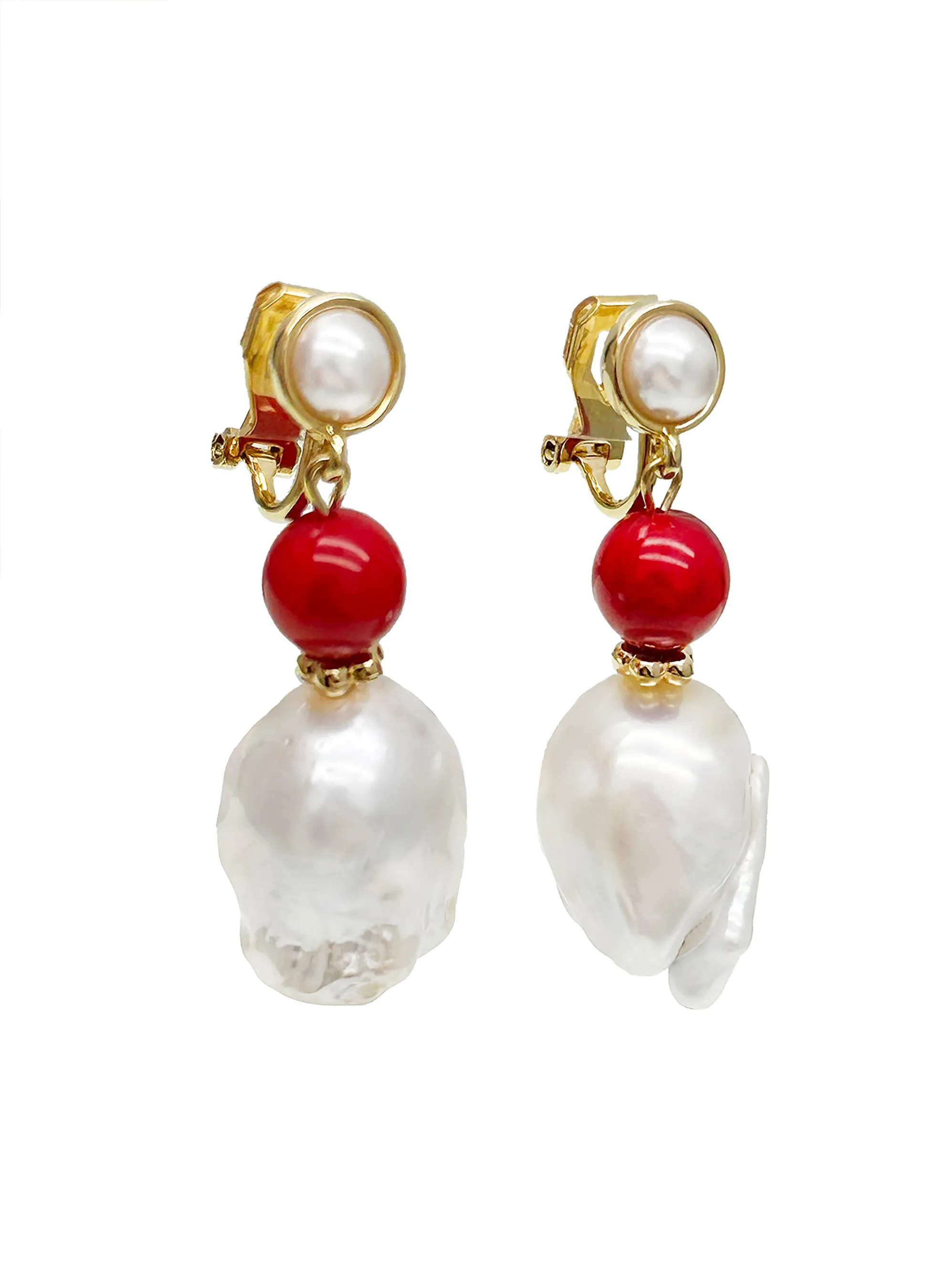 Baroque Pearl with Red Coral Clip-on Earrings JE005