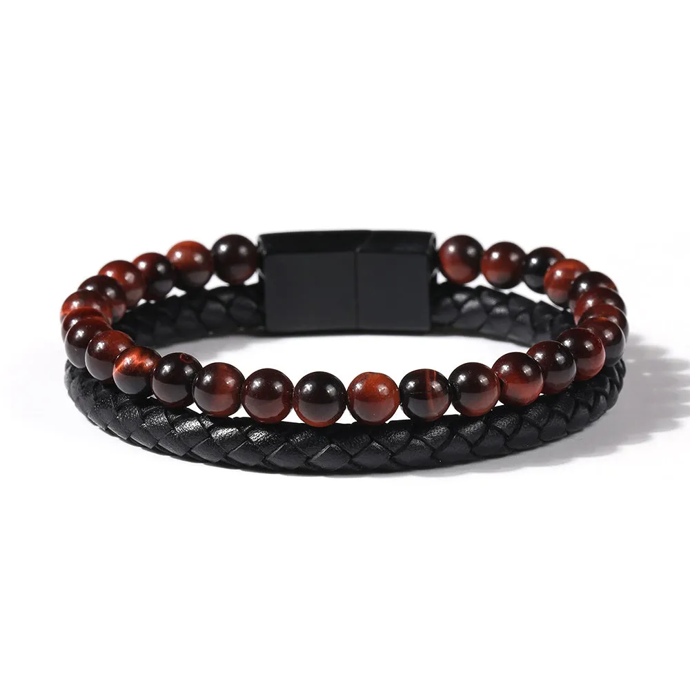 Black Genuine Leather, Matte Black Clasp, Nature Red Tiger Eyes Stone