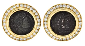 Bulgari 3.60 CTW Diamond Ancient Coin 18 Karat Gold Constantine Monete Ear-Clip Earrings