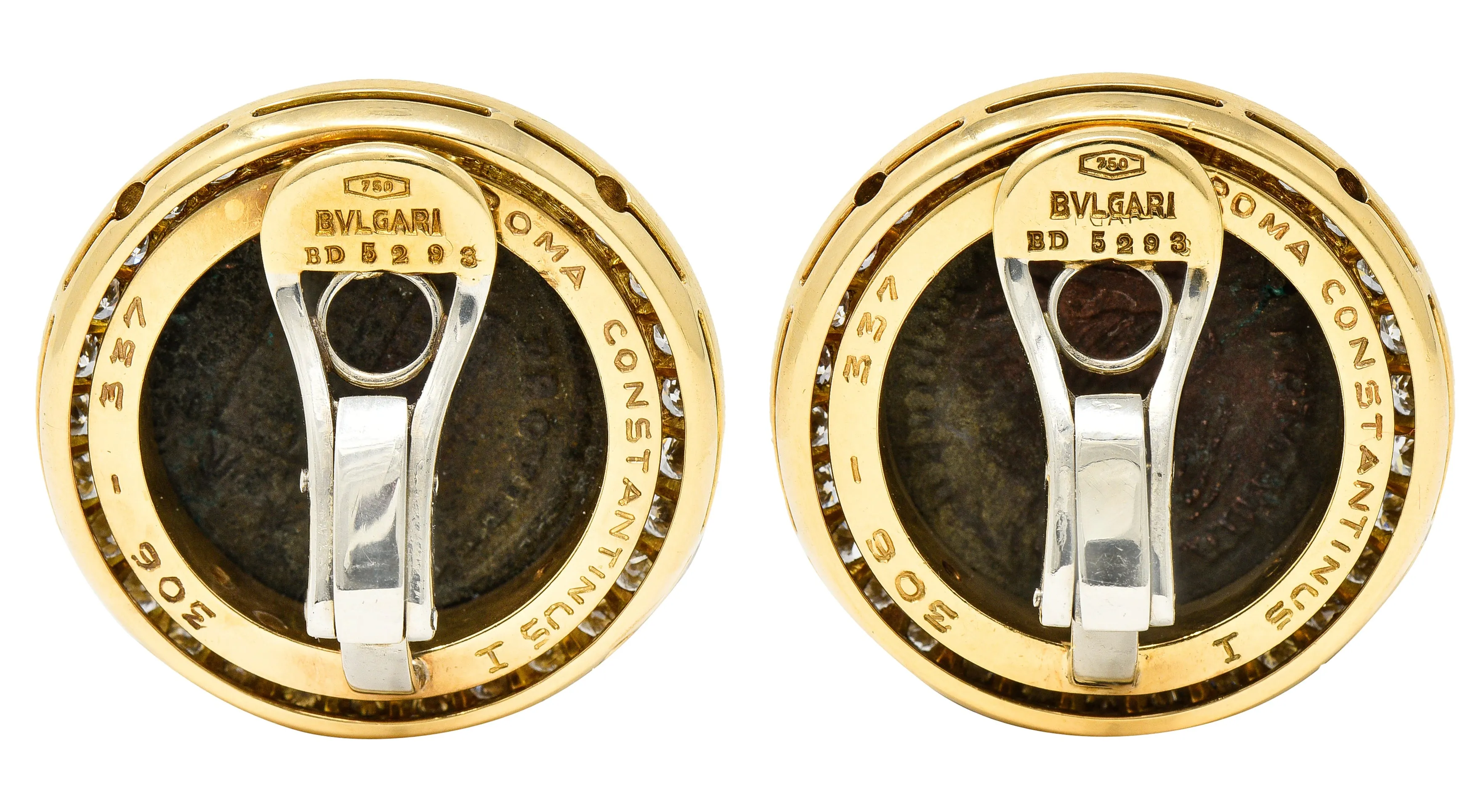 Bulgari 3.60 CTW Diamond Ancient Coin 18 Karat Gold Constantine Monete Ear-Clip Earrings