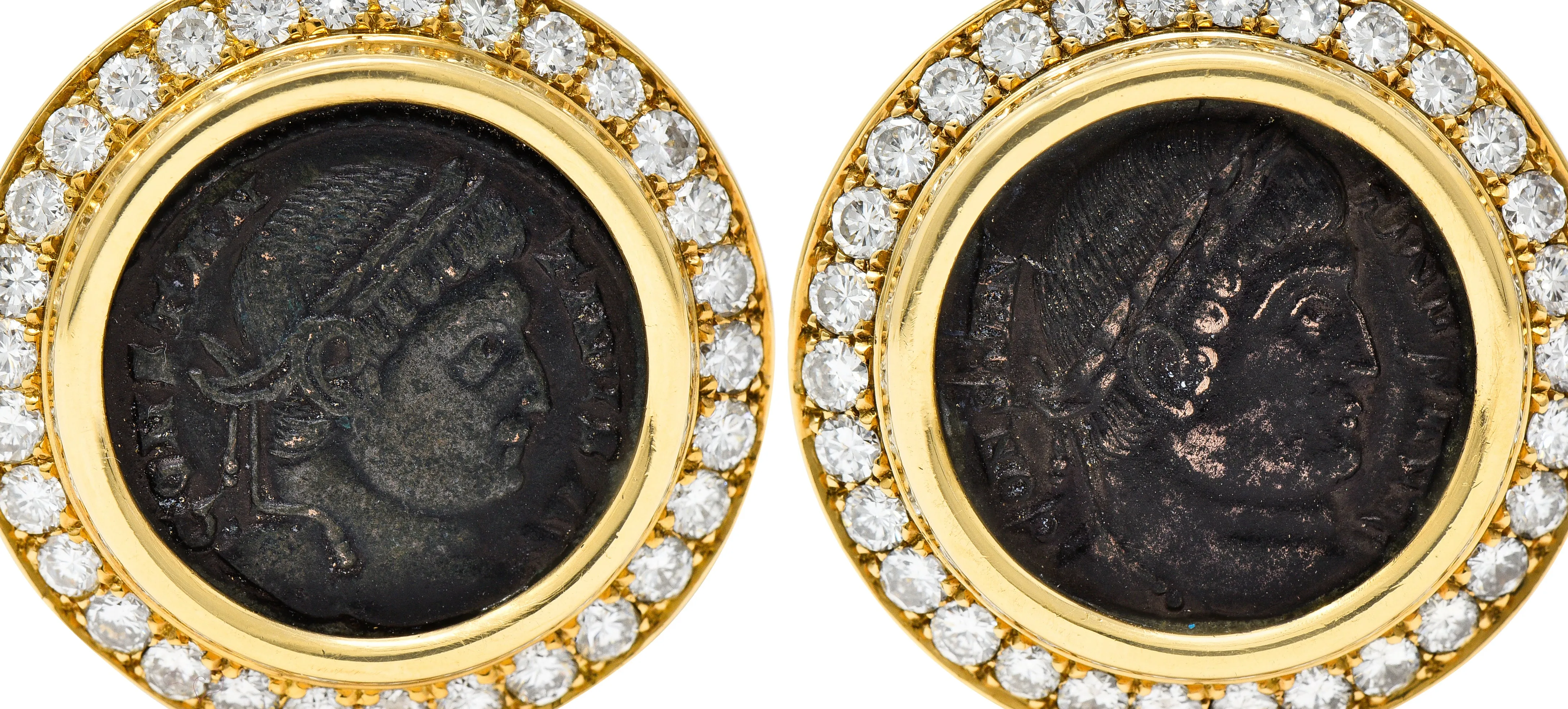 Bulgari 3.60 CTW Diamond Ancient Coin 18 Karat Gold Constantine Monete Ear-Clip Earrings