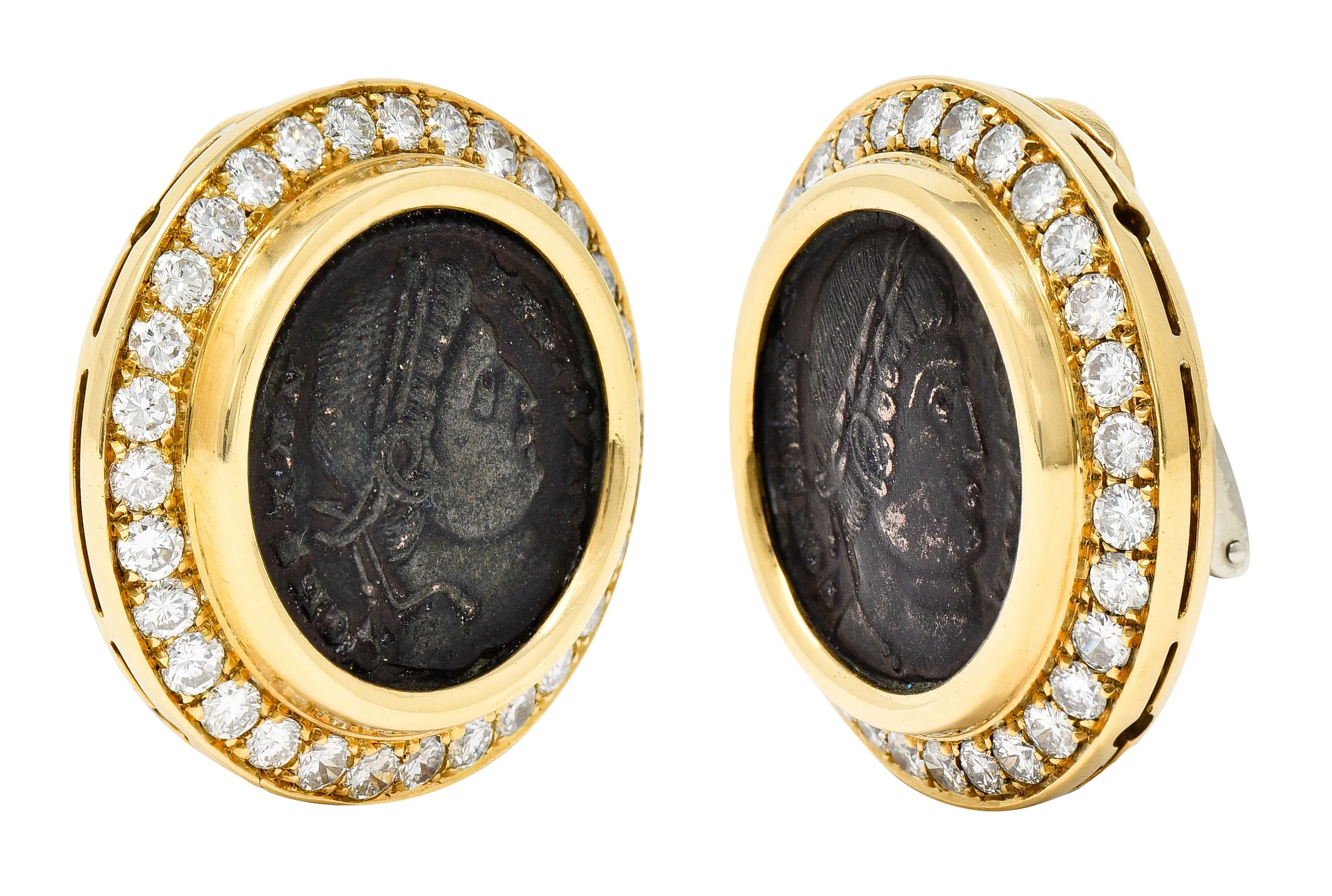 Bulgari 3.60 CTW Diamond Ancient Coin 18 Karat Gold Constantine Monete Ear-Clip Earrings