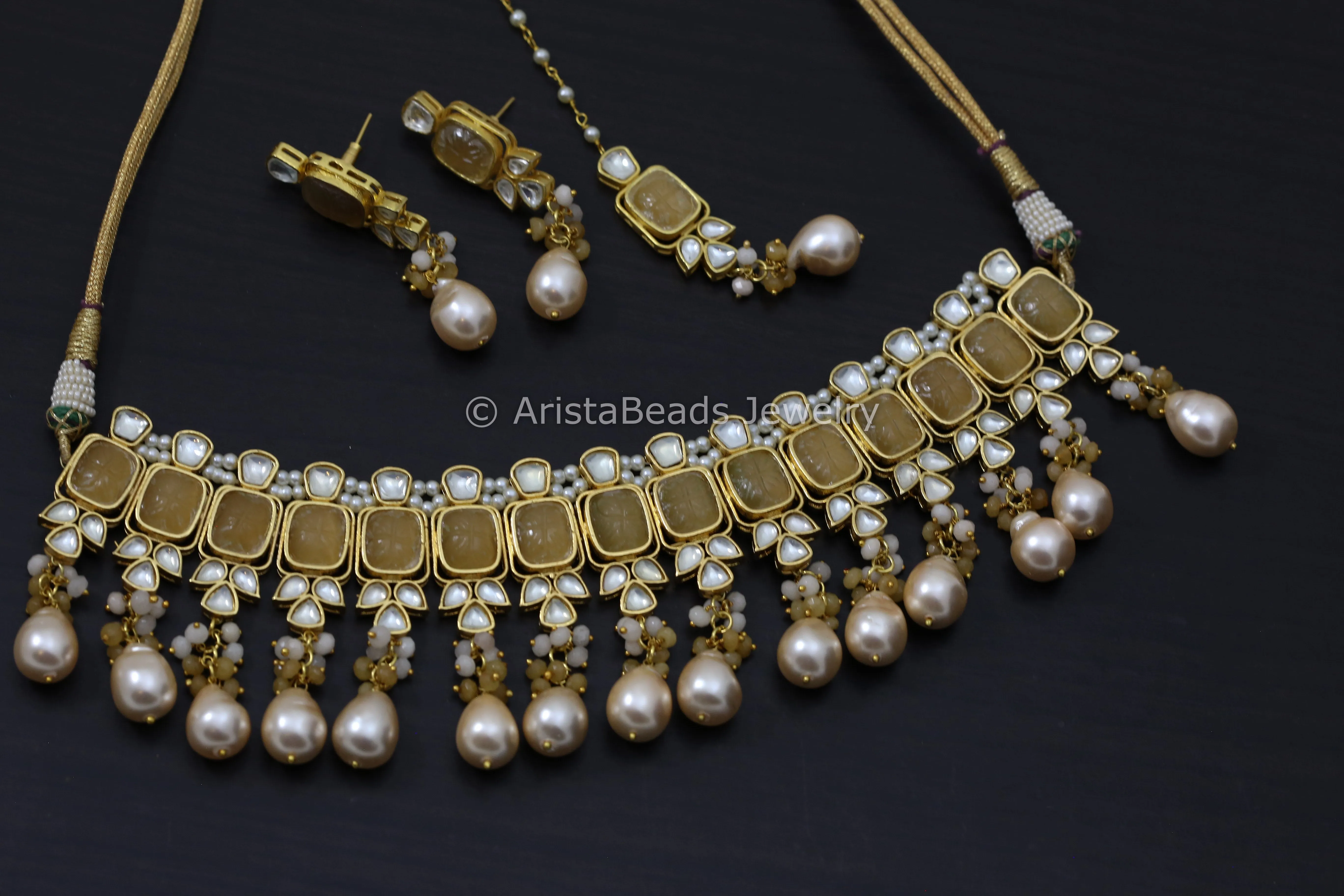 Carved Stones Real Pearl Kundan Set  - Yellow