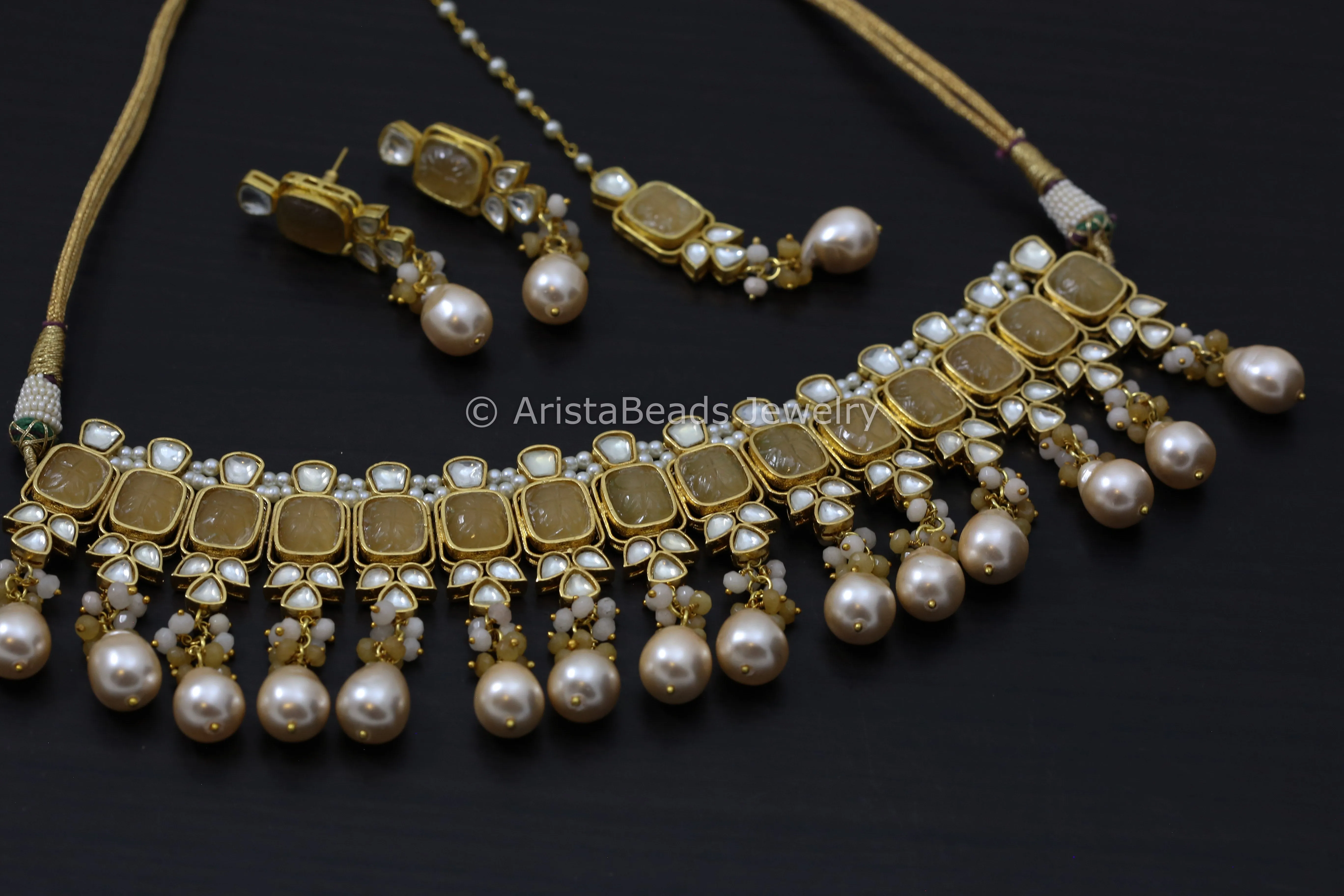 Carved Stones Real Pearl Kundan Set  - Yellow