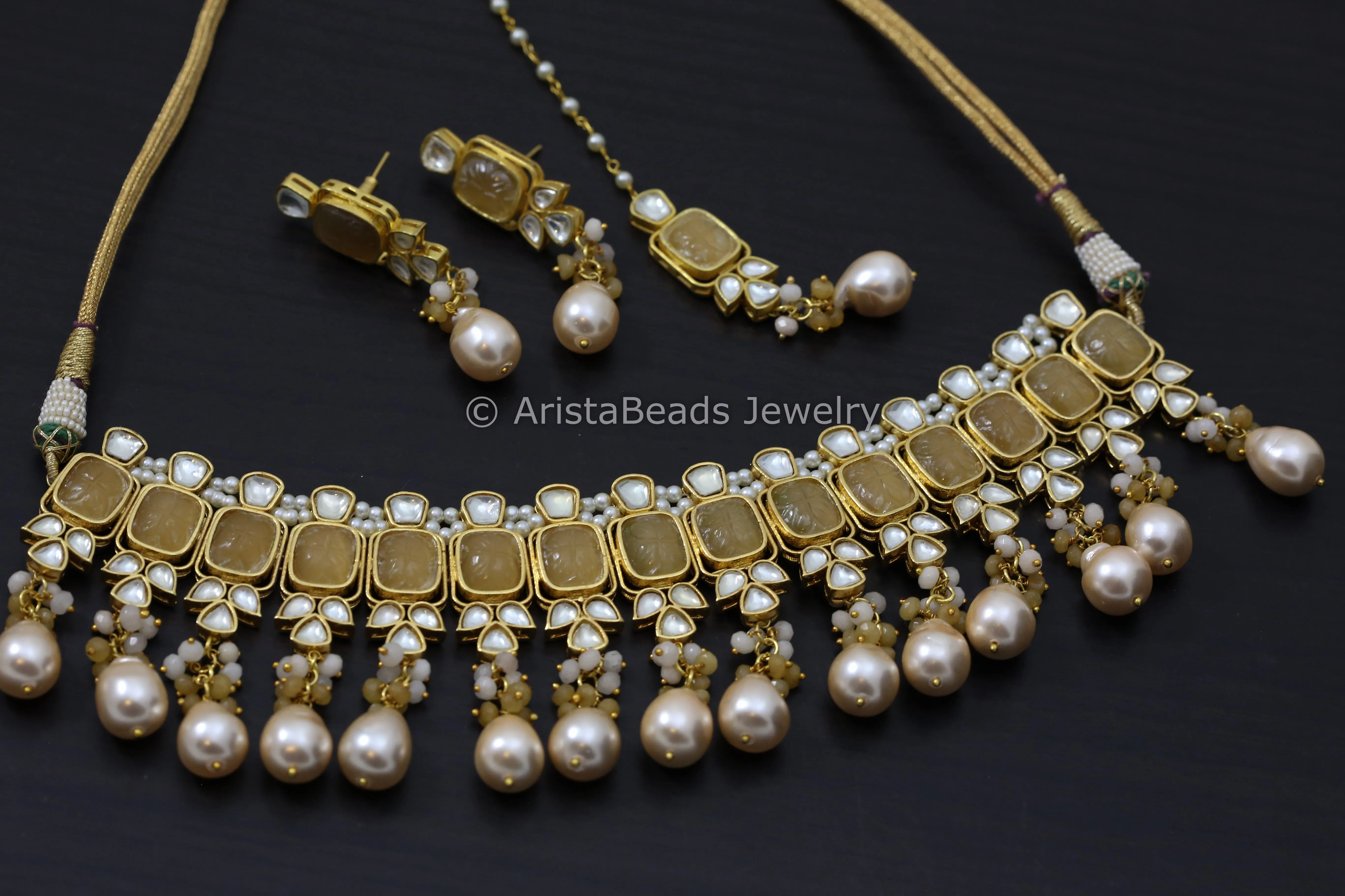 Carved Stones Real Pearl Kundan Set  - Yellow