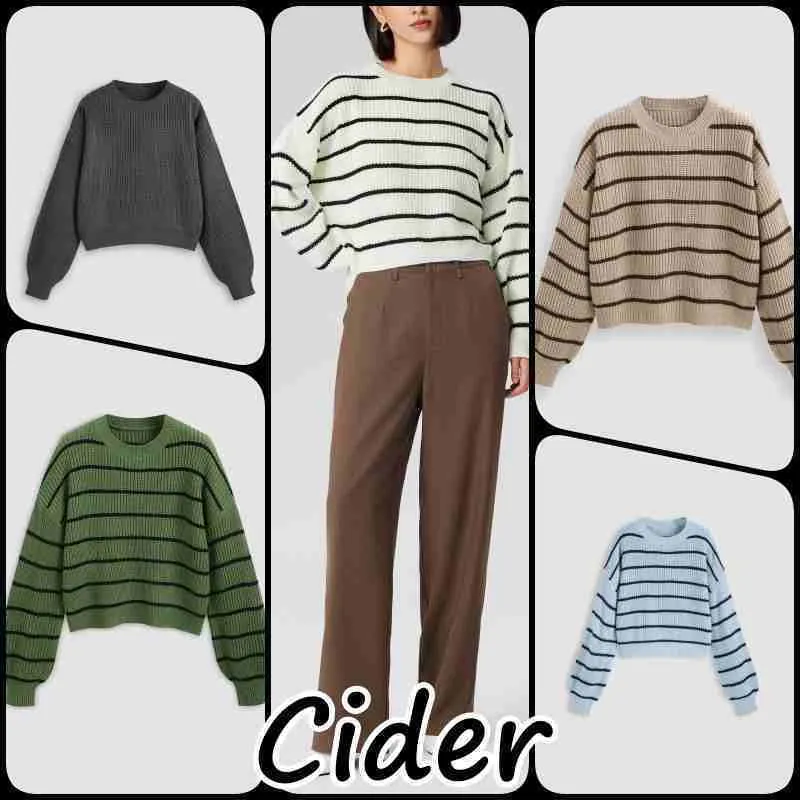 Cider  |Stripes Casual Style U-Neck Long Sleeves V-neck & Crew neck