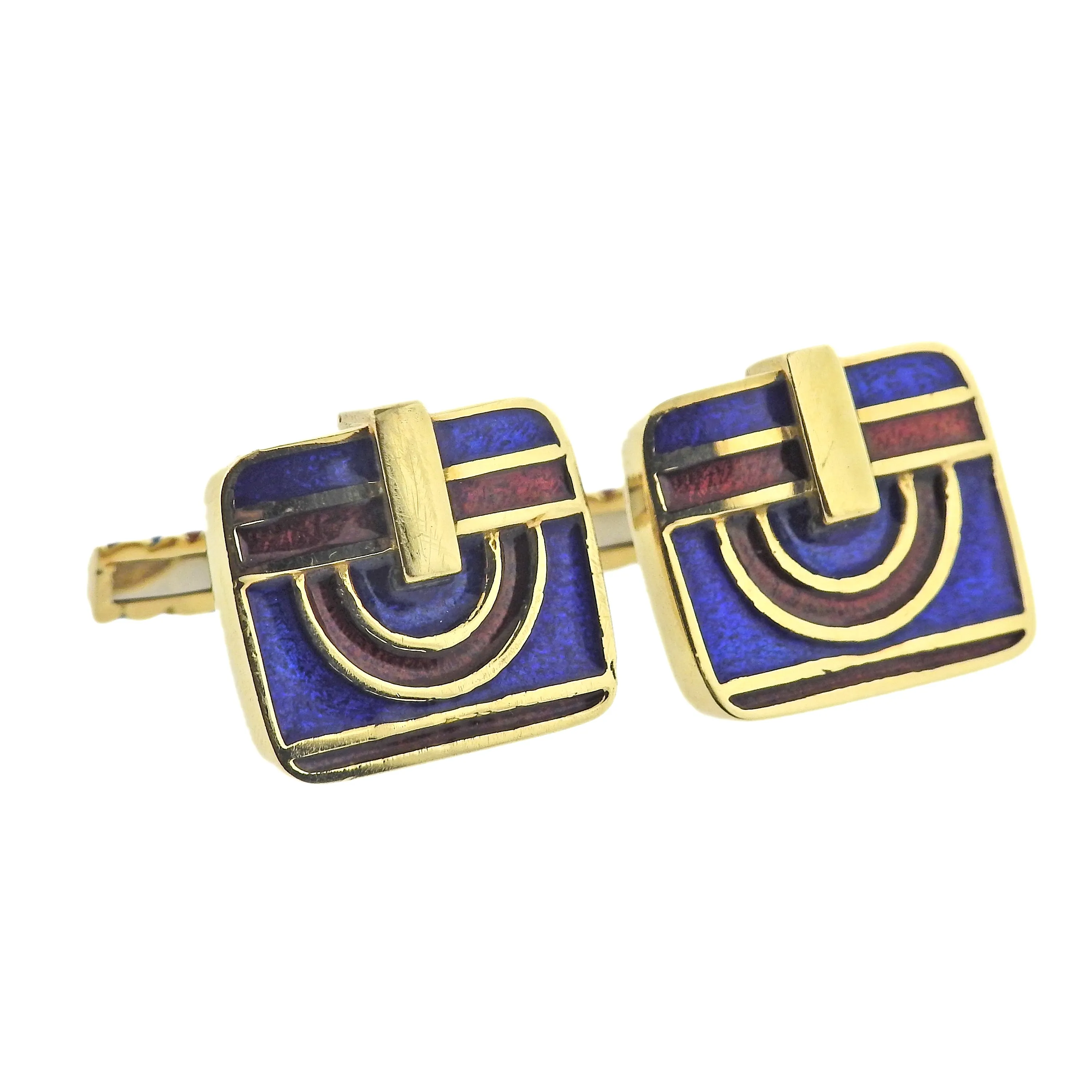 David Webb Blue Red Enamel Gold Cufflinks