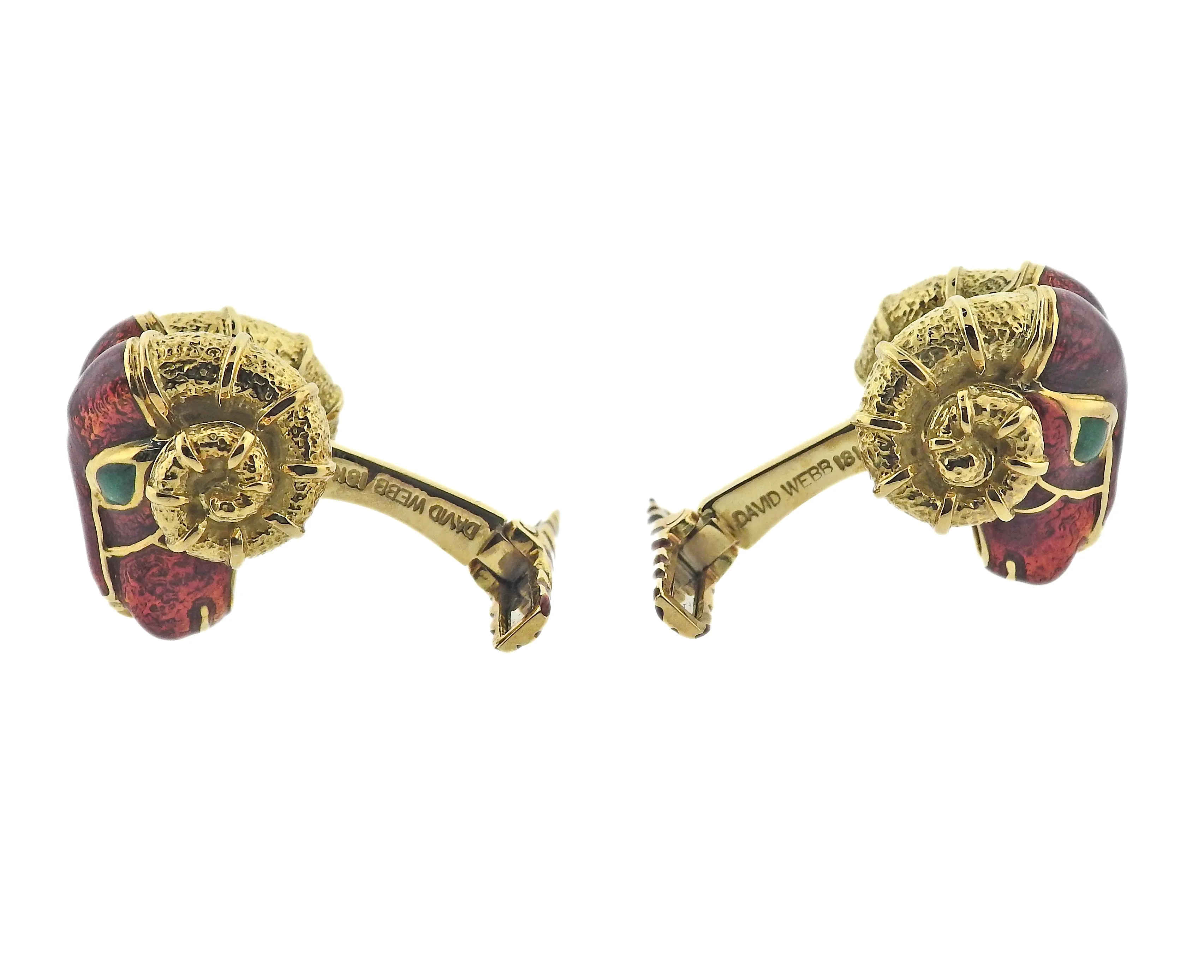 David Webb Ram's Head Enamel Gold Cufflinks