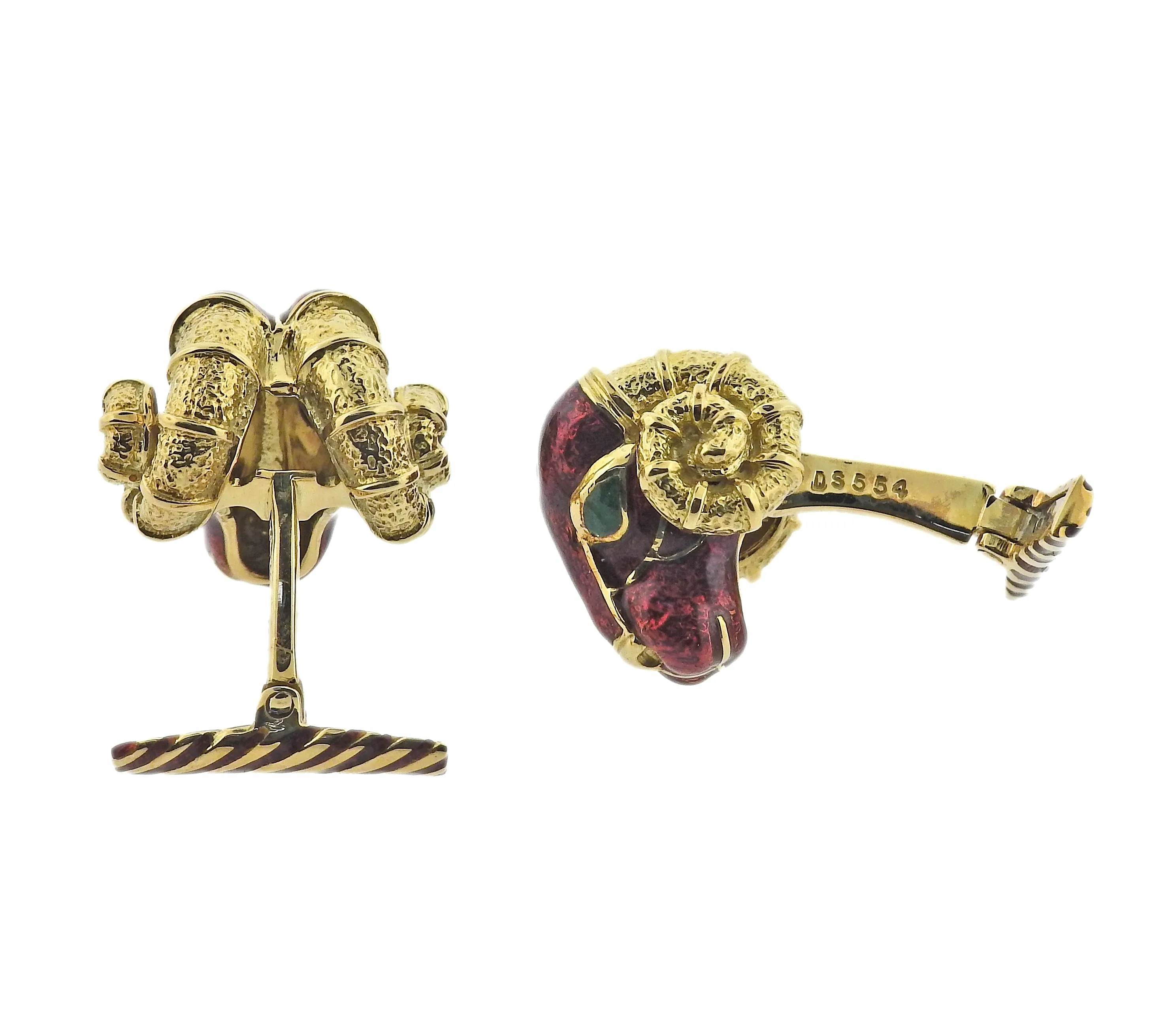 David Webb Ram's Head Enamel Gold Cufflinks