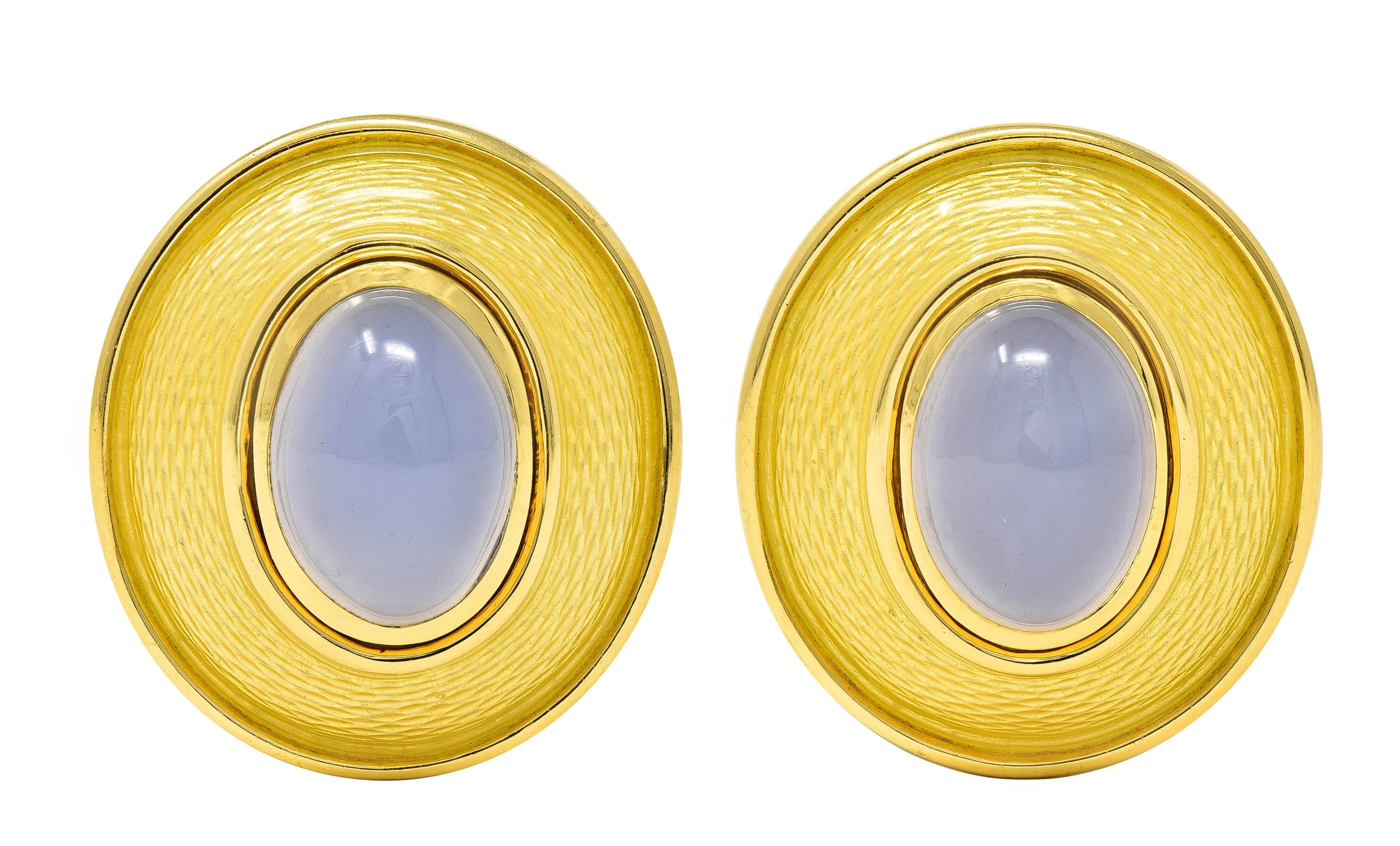 DeVroomen 1998 Blue Chalcedony Enamel 18 Karat Yellow Gold Vintage Ear Clip Earrings