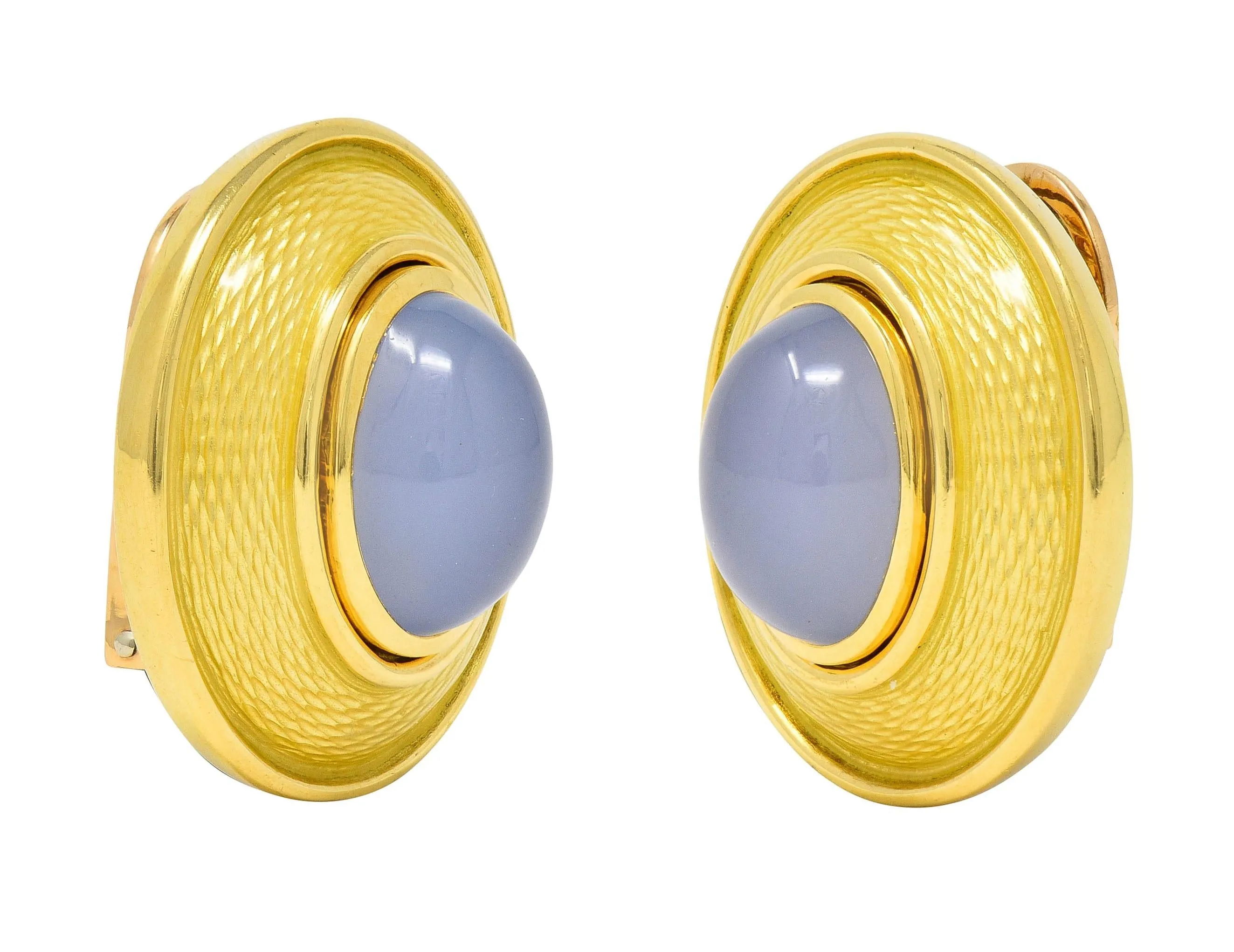 DeVroomen 1998 Blue Chalcedony Enamel 18 Karat Yellow Gold Vintage Ear Clip Earrings