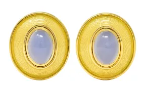 DeVroomen 1998 Blue Chalcedony Enamel 18 Karat Yellow Gold Vintage Ear Clip Earrings