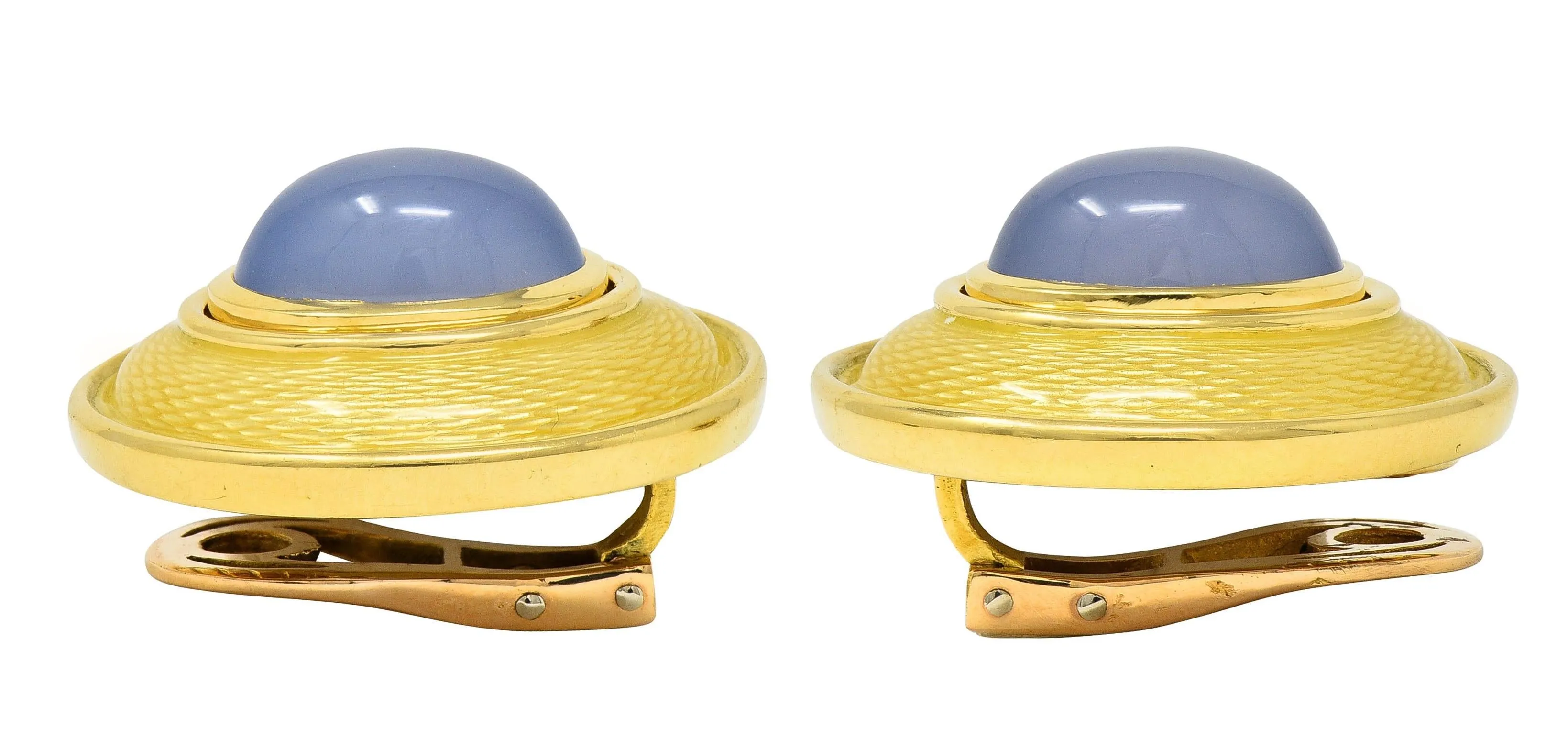 DeVroomen 1998 Blue Chalcedony Enamel 18 Karat Yellow Gold Vintage Ear Clip Earrings