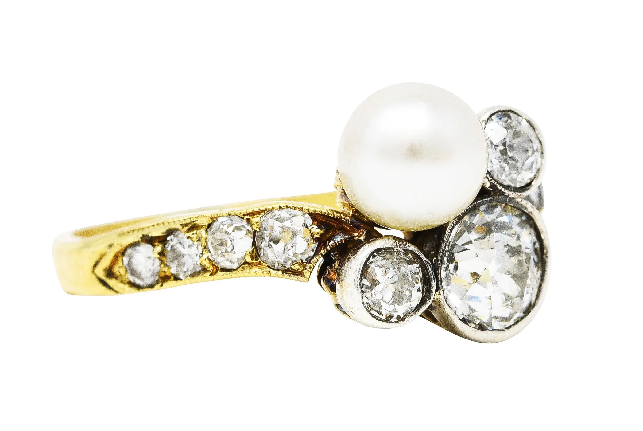 Edwardian 1.18 CTW Diamond Pearl Platinum-Topped 18 Karat Gold Cluster Antique Ring