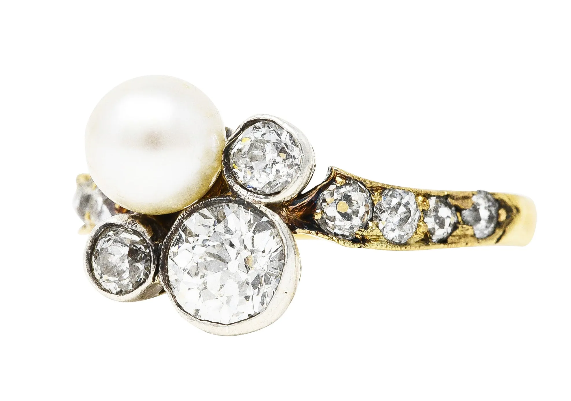 Edwardian 1.18 CTW Diamond Pearl Platinum-Topped 18 Karat Gold Cluster Antique Ring