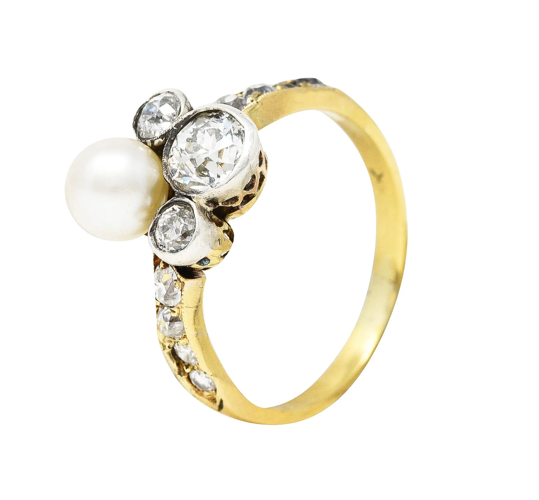 Edwardian 1.18 CTW Diamond Pearl Platinum-Topped 18 Karat Gold Cluster Antique Ring