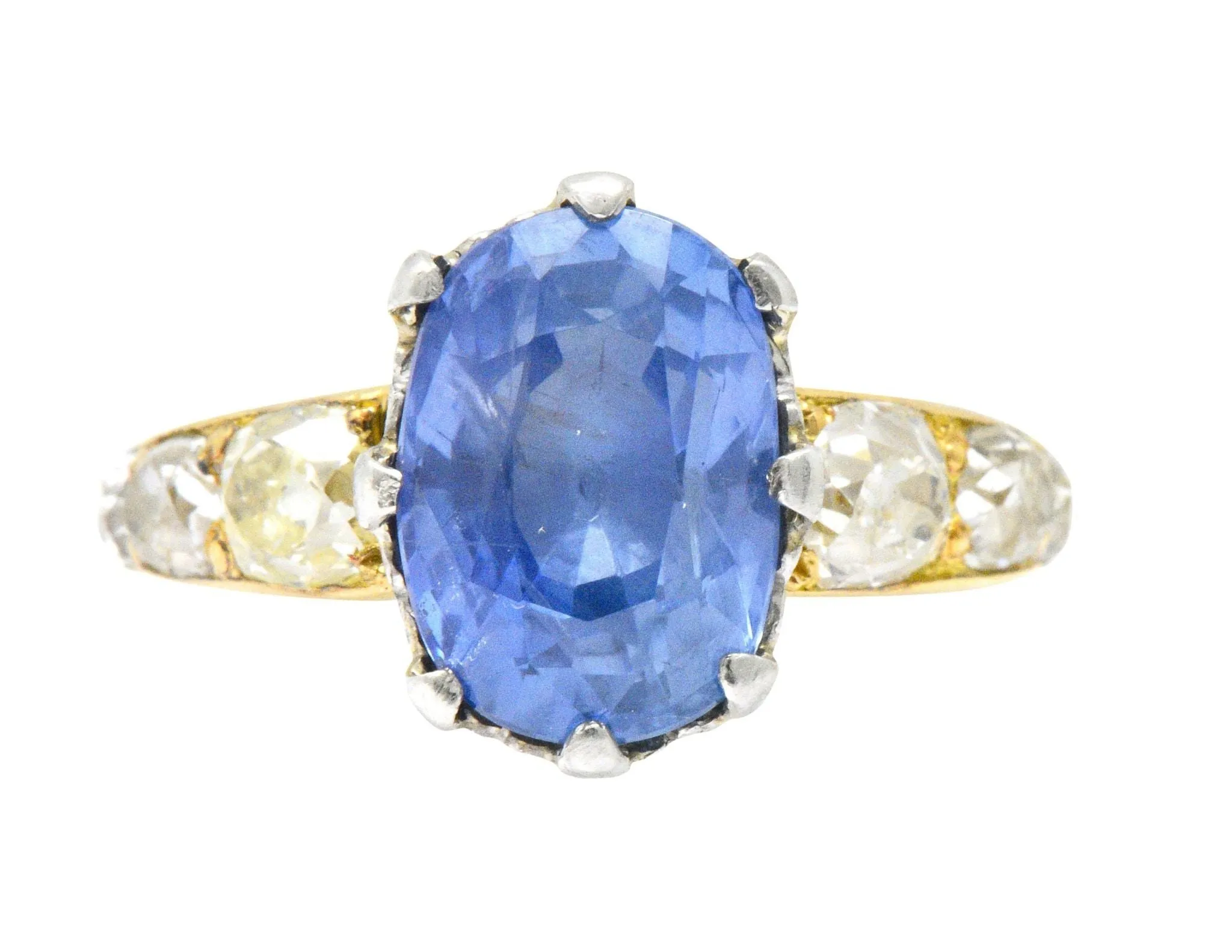 Edwardian 8.66 CTW Ceylon Sapphire Diamond Platinum 18 Karat Gold Ring