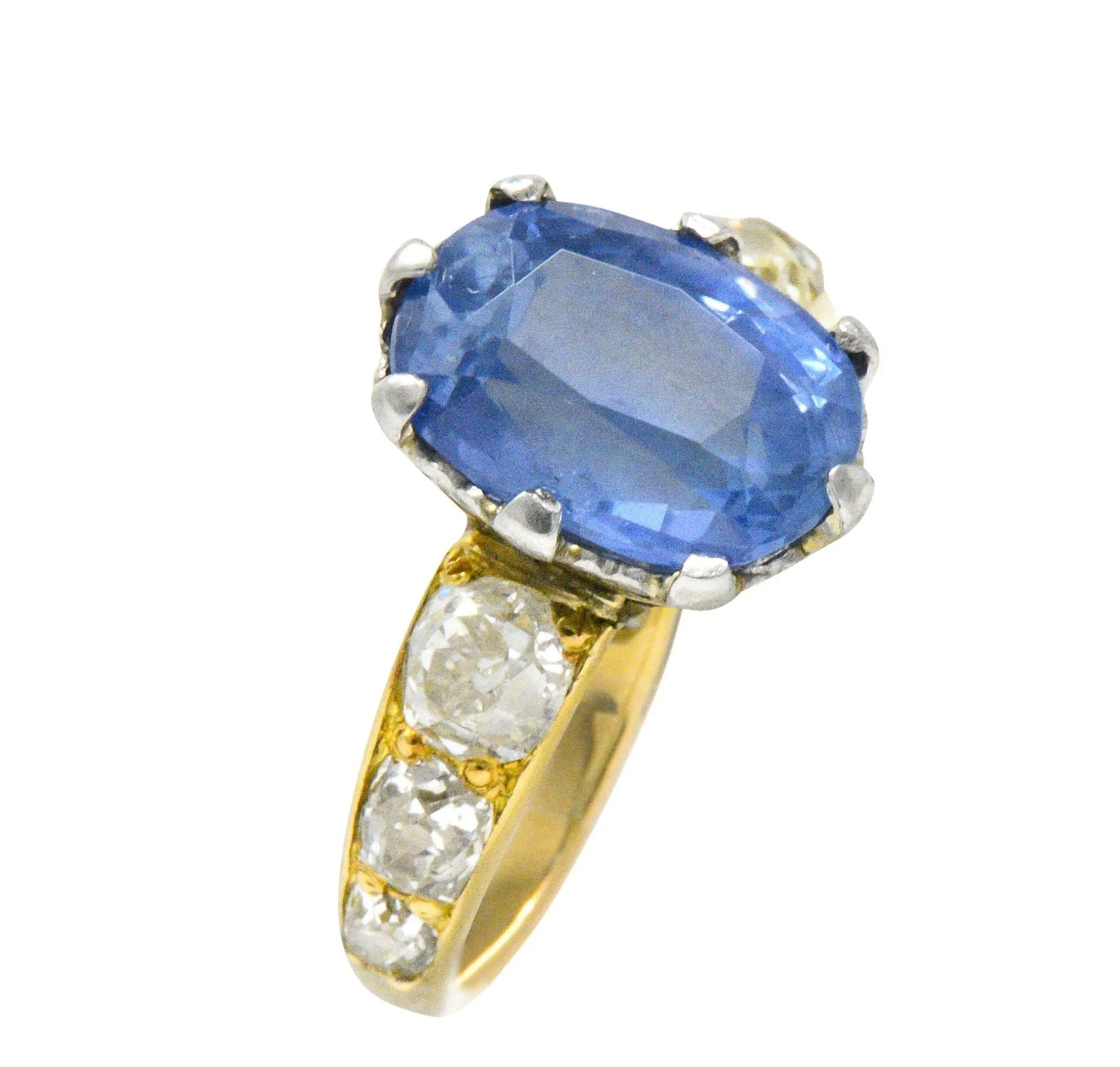 Edwardian 8.66 CTW Ceylon Sapphire Diamond Platinum 18 Karat Gold Ring