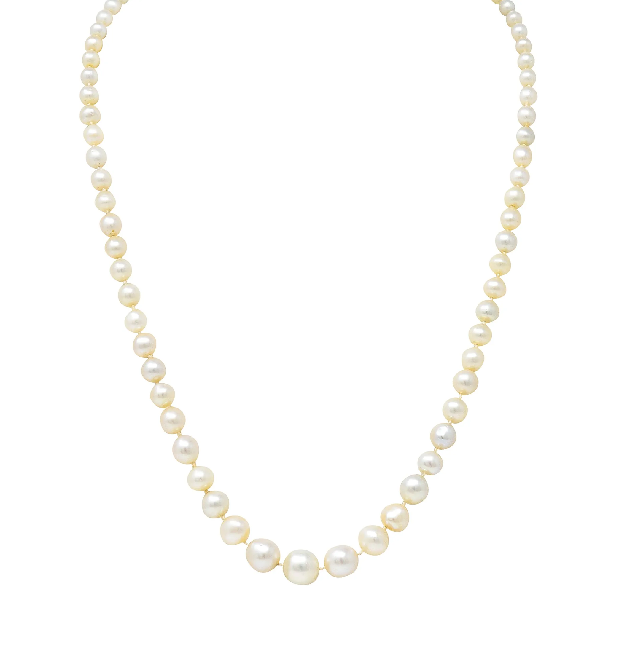 Edwardian Diamond Natural Saltwater Pearl Platinum-Topped 18 Karat Gold Strand Necklace GIA