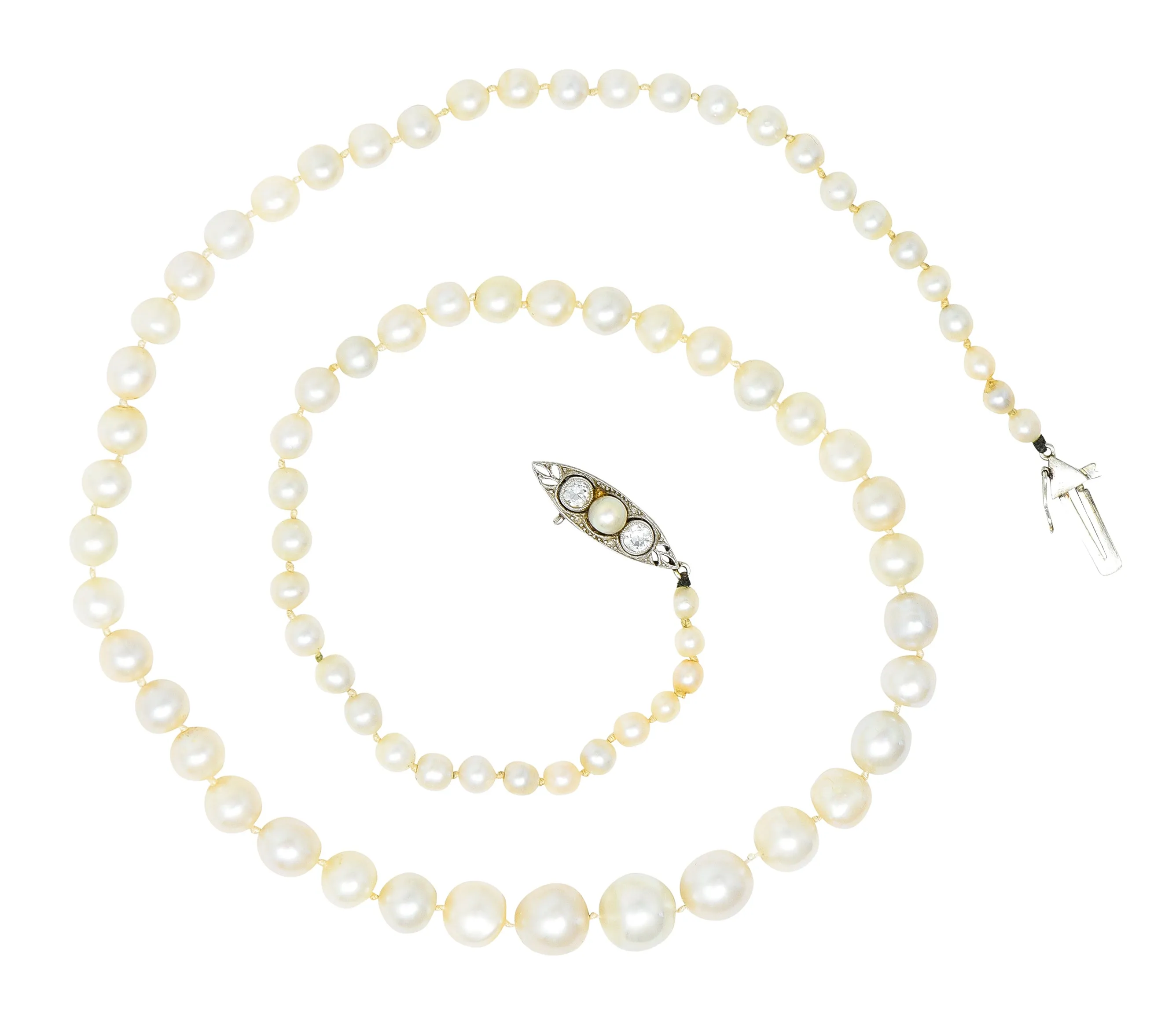 Edwardian Diamond Natural Saltwater Pearl Platinum-Topped 18 Karat Gold Strand Necklace GIA