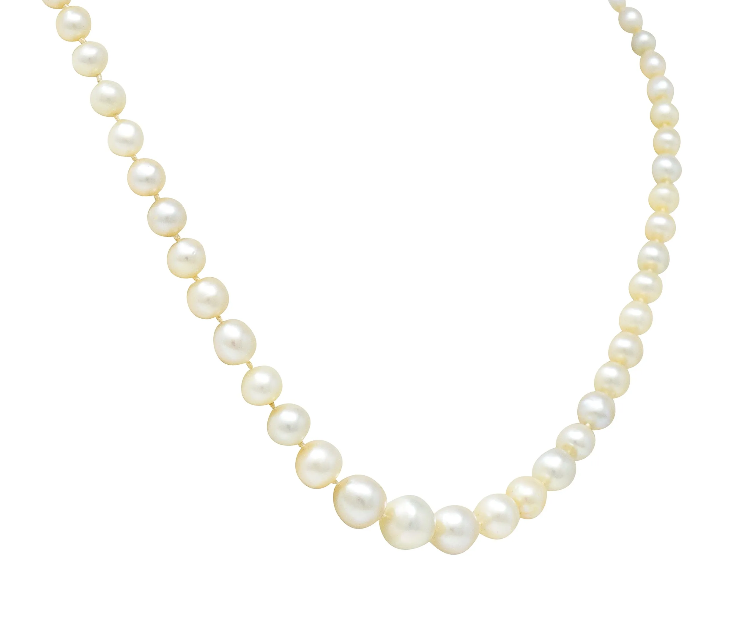 Edwardian Diamond Natural Saltwater Pearl Platinum-Topped 18 Karat Gold Strand Necklace GIA