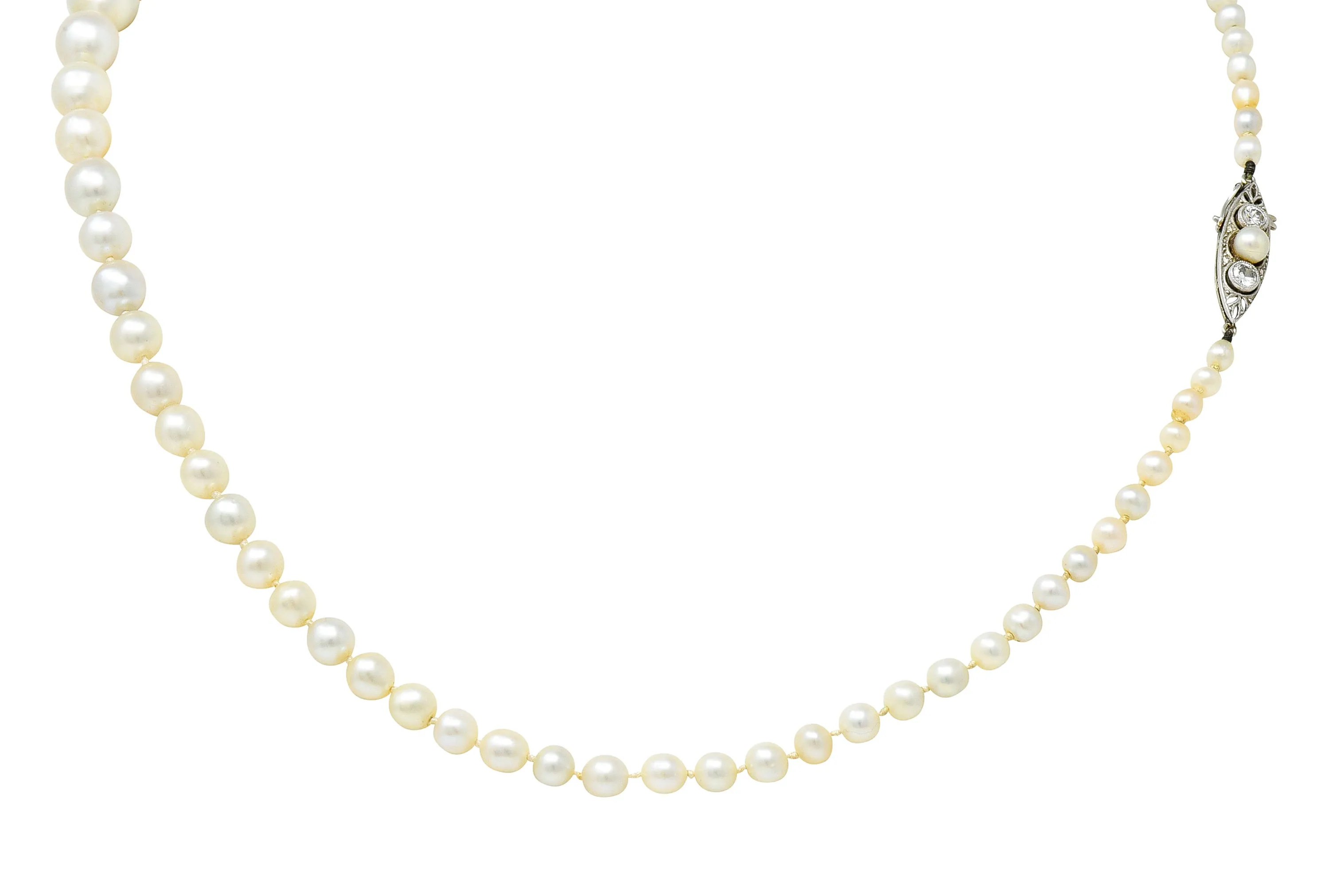 Edwardian Diamond Natural Saltwater Pearl Platinum-Topped 18 Karat Gold Strand Necklace GIA